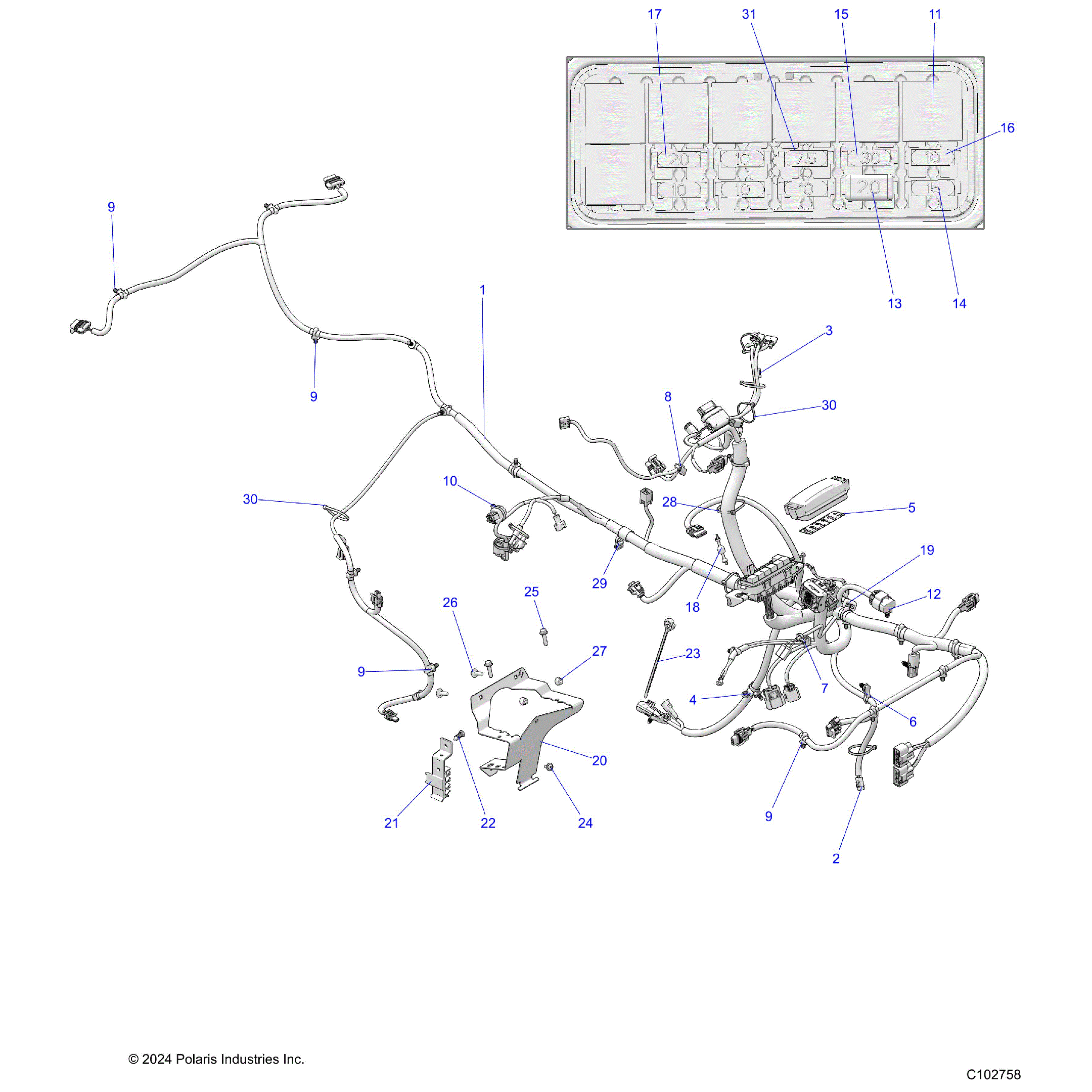 An Image of a Genuine Polaris Parts Schematic Diagram showing the schematic - ELECTRICAL: MAIN WIRE HARNESS - 2024 POLARIS SPORTSMAN 450 HO EPS 50S
