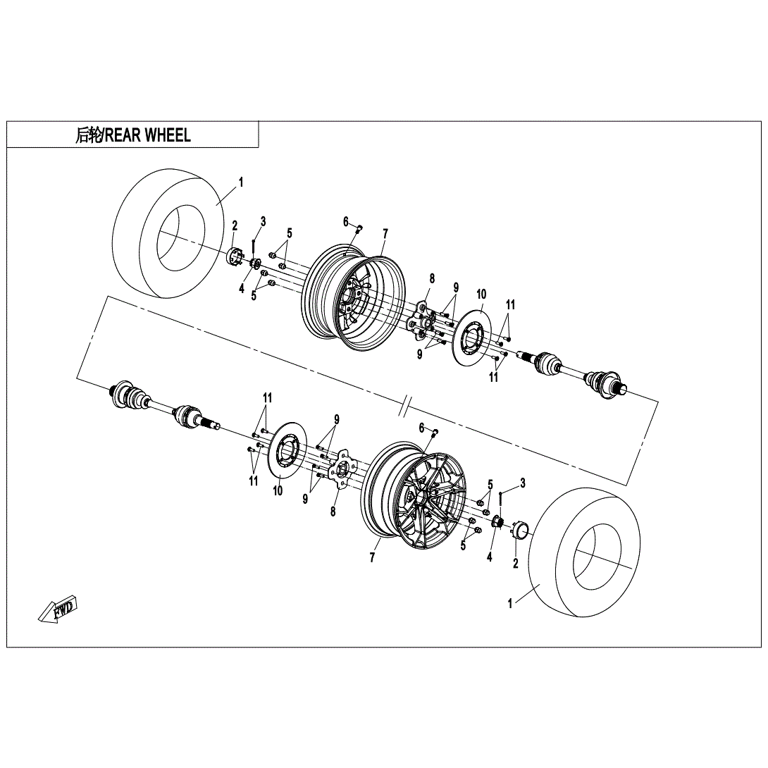 An Image of a genuine CFMOTO Parts Schematic Diagram showing the group - REAR WHEEL - 2023 CFMOTO CFORCE 800 XC