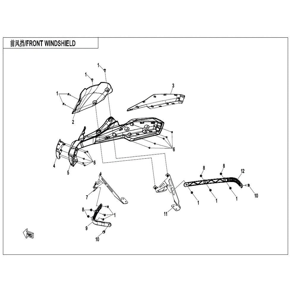 An Image of a genuine CFMOTO Parts Schematic Diagram showing the group - FRONT WINDSHIELD (OVERLAND) - 2021 CFMOTO CFORCE 1000 Overland