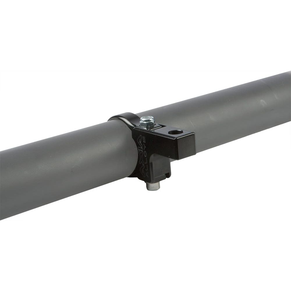 A close-up view of the Open Trail Horizontal Roll Cage Mount 1.75 shows its black metal clamp securing two cylindrical tubes with a sturdy, industrial design and a bolt fastener in a horizontal mount.