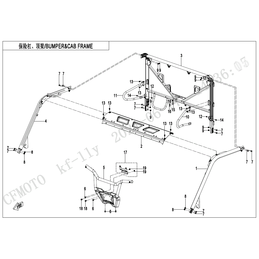 An Image of a Genuine CFMOTO Parts Schematic Diagram showing the schematic - BUMPER & CAB FRAME - 2023 CFMOTO UFORCE 1000