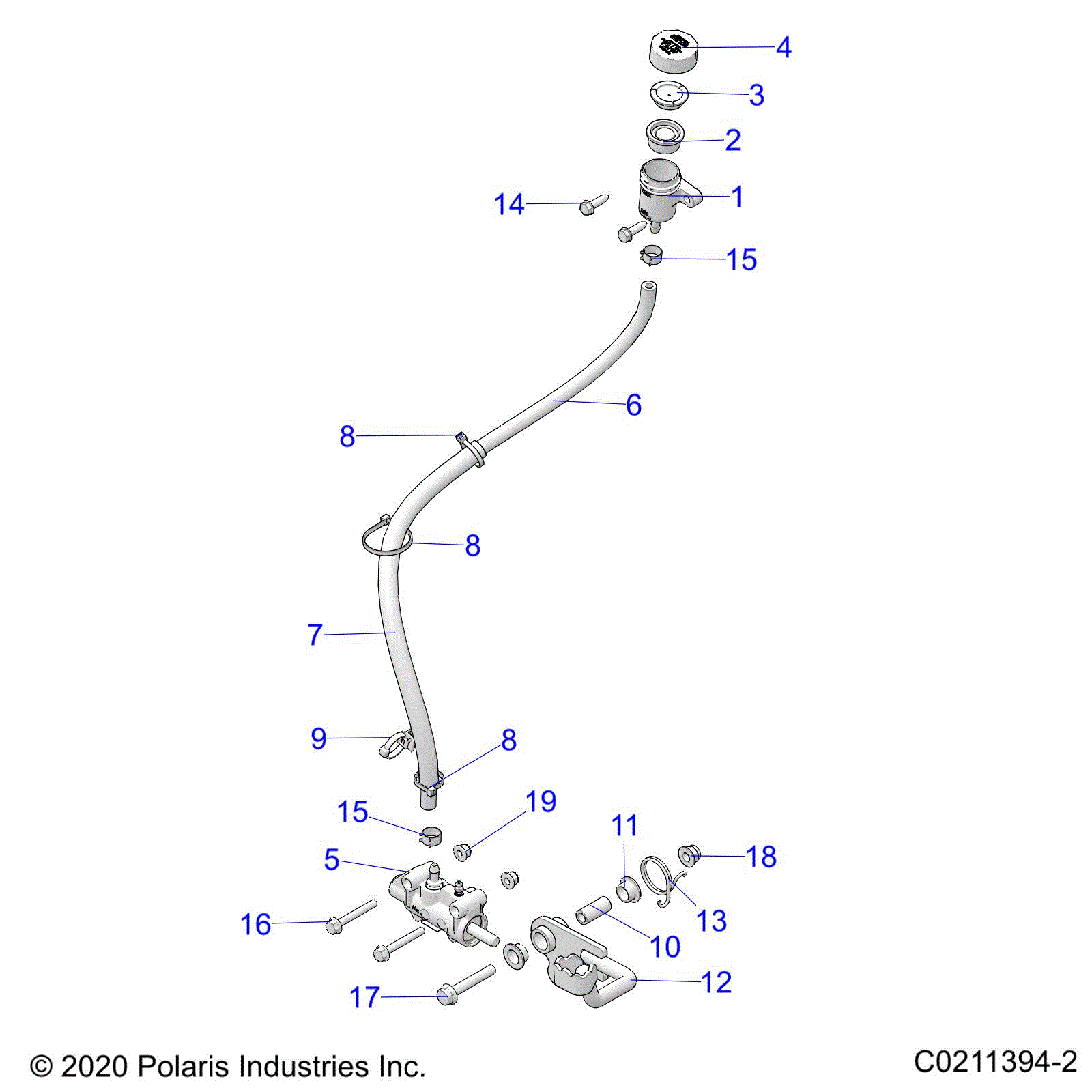 An Image of a Genuine Polaris Parts Schematic Diagram showing the schematic - BRAKES: BRAKE PEDAL and MASTER CYLINDER - 2021 POLARIS SPORTSMAN 450 HO UTILITY