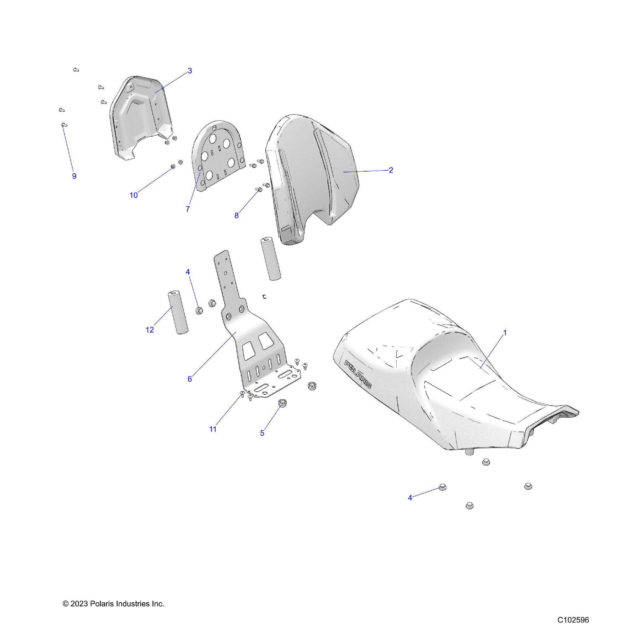 An Image of a Genuine Polaris Parts Schematic Diagram showing the schematic - BODY: SEAT - 2024 POLARIS SPORTSMAN TOURING 570 EPS