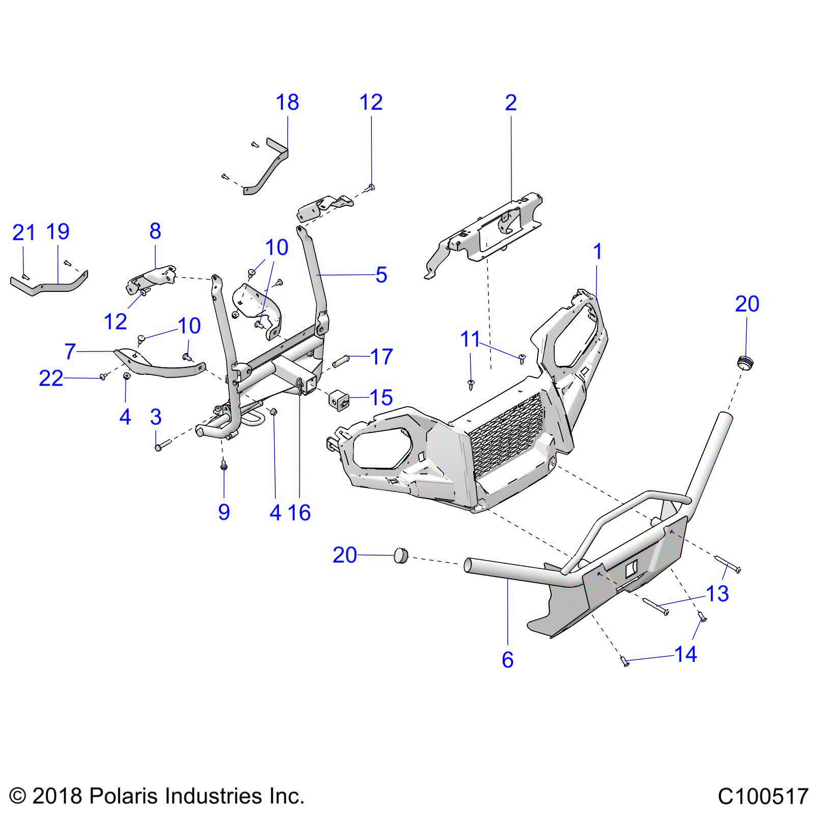 An Image of a Genuine Polaris Parts Schematic Diagram showing the schematic - BODY: FRONT BUMPER and MOUNTING - 2017 POLARIS SPORTSMAN 450 HO
