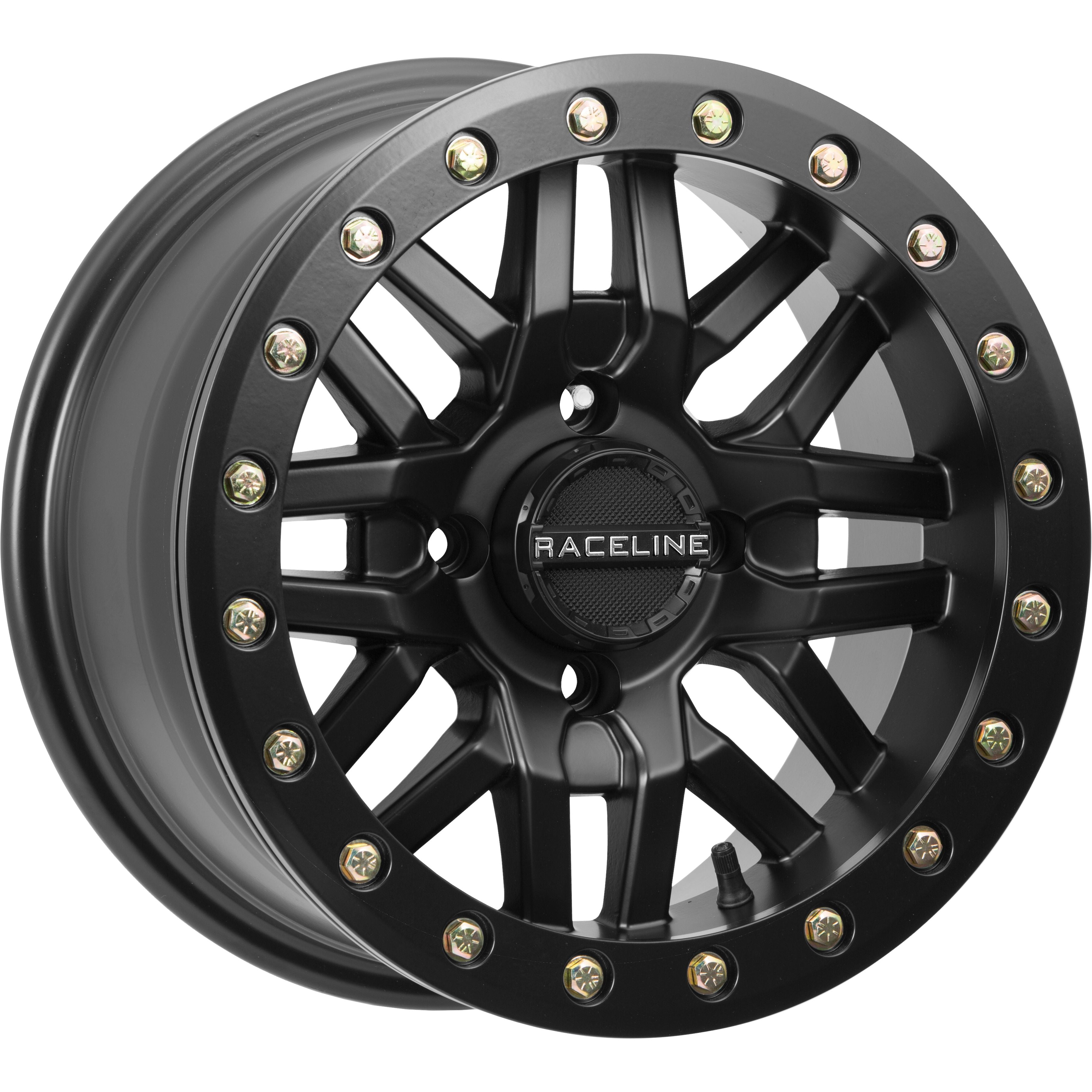 The Raceline ATV/UTV Ryno Beadlock Wheel 14x7 4/156 5+2 (+10mm) in black features a heavy-duty multi-spoke design, silver beadlock bolts, and a Raceline center cap—ideal for rugged UTV performance.