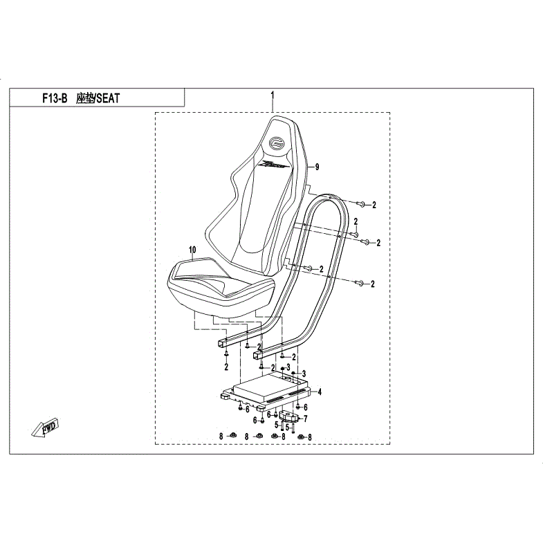 An Image of a Genuine CFMOTO Parts Schematic Diagram showing the schematic - SEAT (BLACK AND WHITE) - 2018 CFMOTO ZFORCE 1000