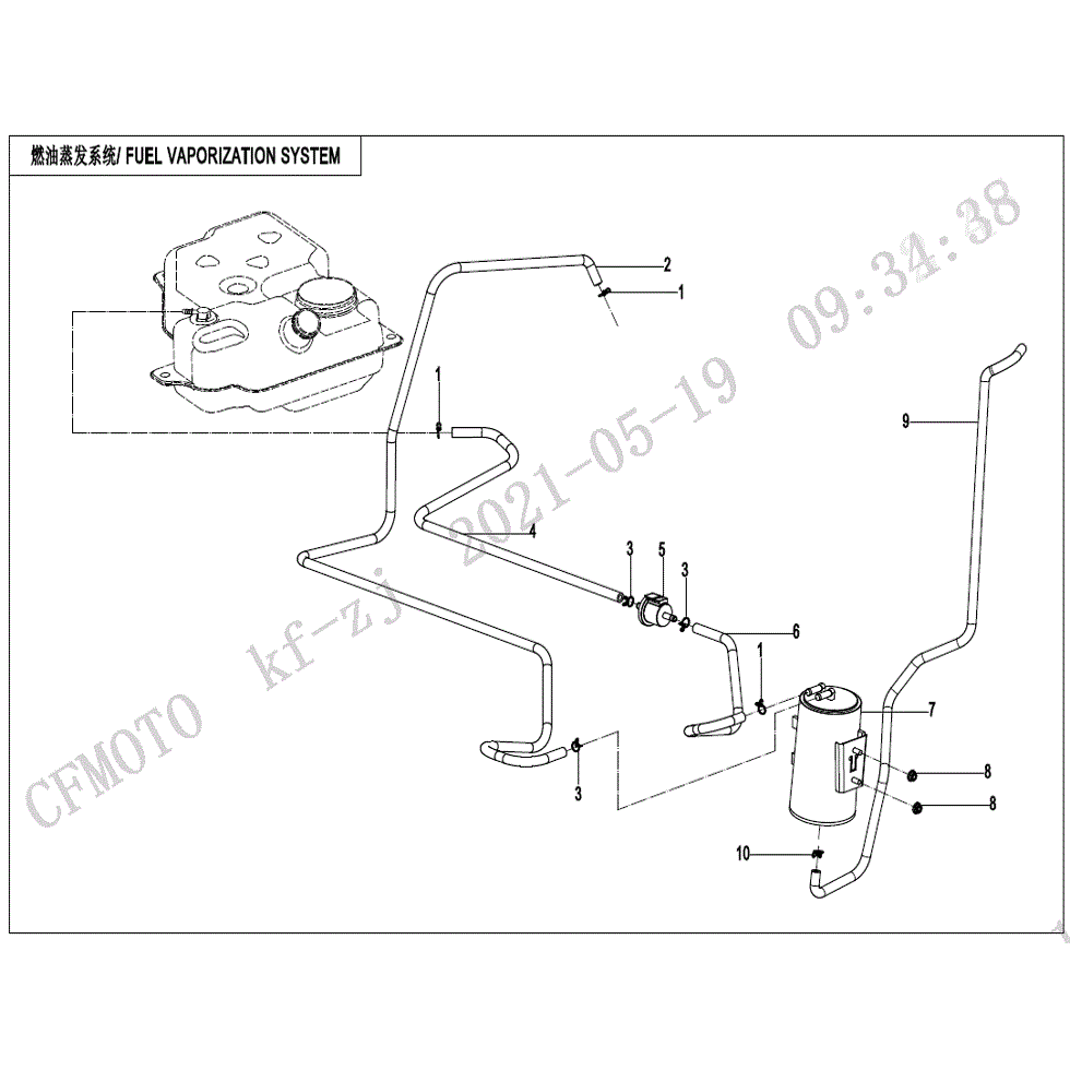 An Image of a Genuine CFMOTO Parts Schematic Diagram showing the schematic - FUEL EVAPORATION SYSTEM - 2022 CFMOTO ZFORCE 800 Trail