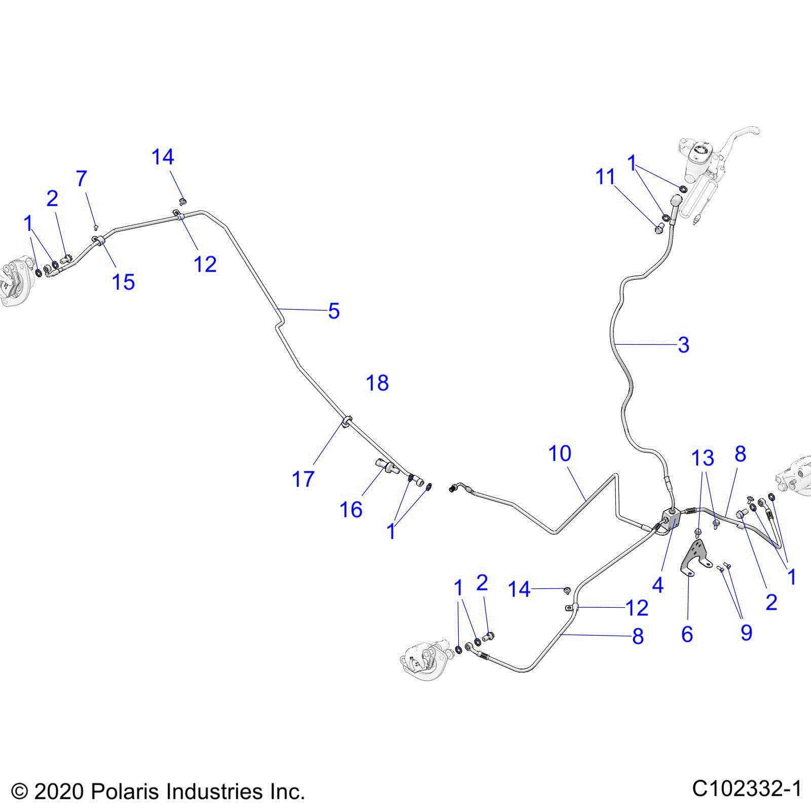 An Image of a Genuine Polaris Parts Schematic Diagram showing the schematic - BRAKES: BRAKE LINES - 2020 POLARIS SPORTSMAN TOURING XP 850 48"