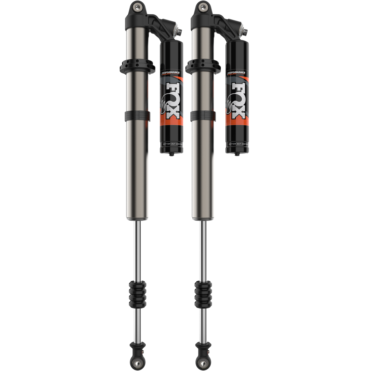 The Polaris RZR Pro XP (2 Seat) Front 2.5 Podium RC2 Shocks by Fox, featuring piggyback reservoirs and orange FOX branding, are shown upright against a plain background.