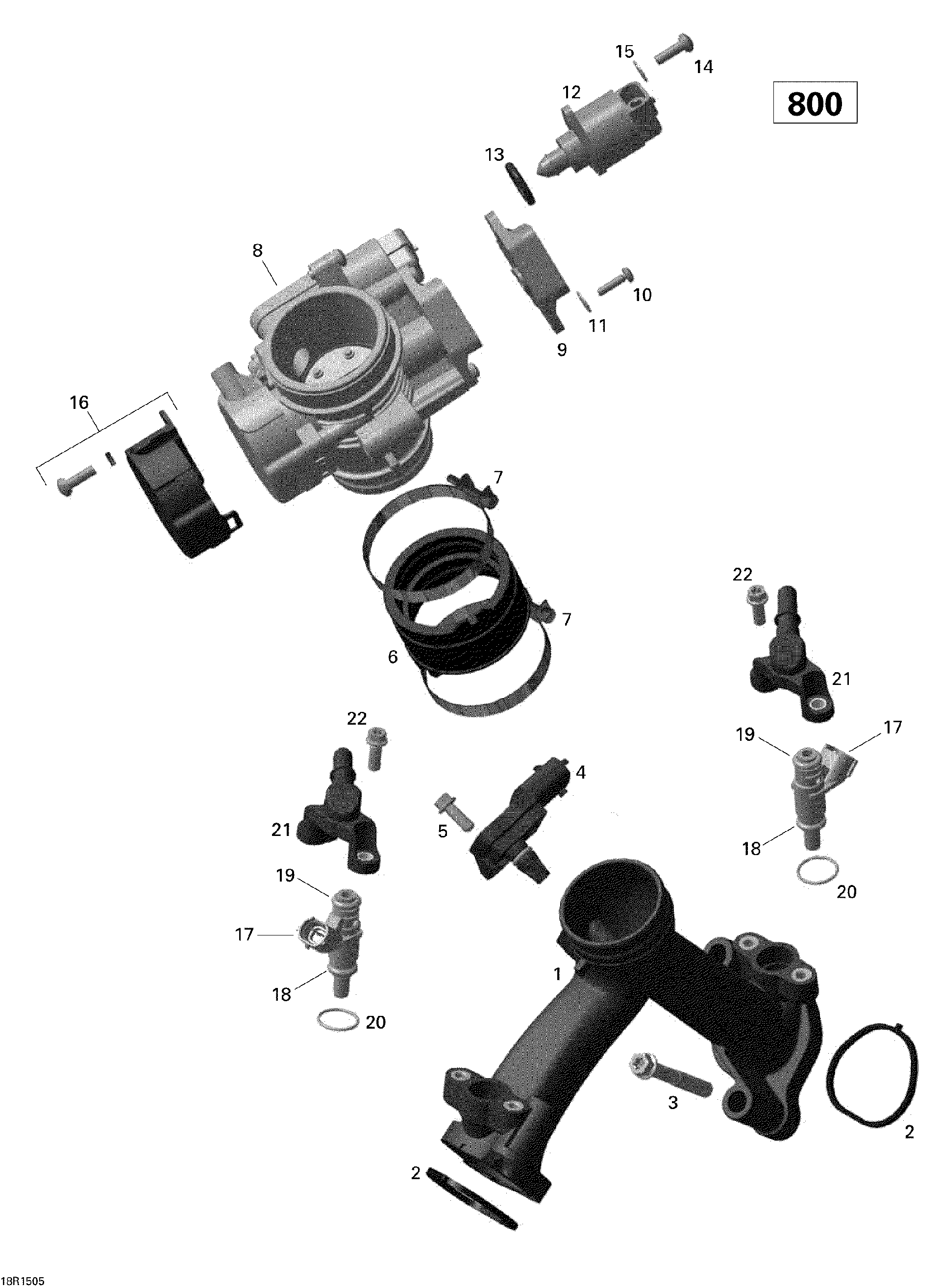 An Image of a Genuine Can-Am Parts Schematic Diagram showing the schematic - AIR INTAKE MANIFOLD AND THROTTLE BODY _18R1505