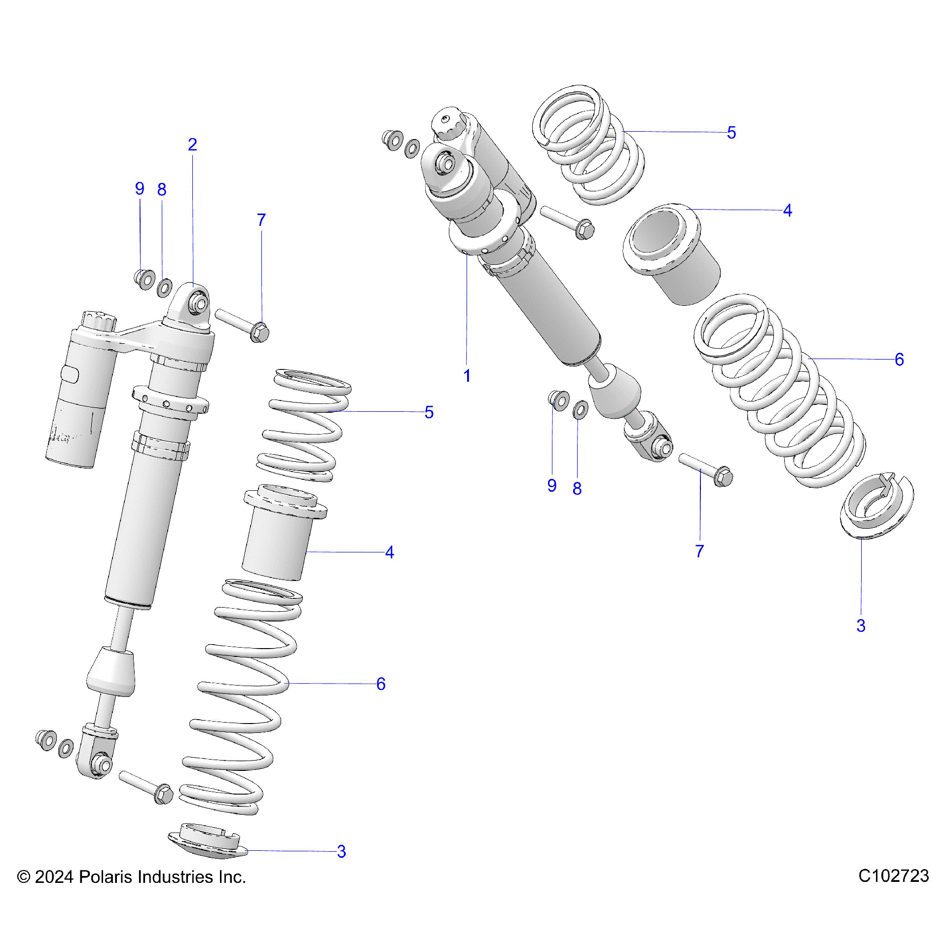 An Image of a Genuine Polaris Parts Schematic Diagram showing the schematic - SUSPENSION: SHOCK FRONT - 2025 POLARIS SCRAMBLER XP 1000 55 LLP 49S