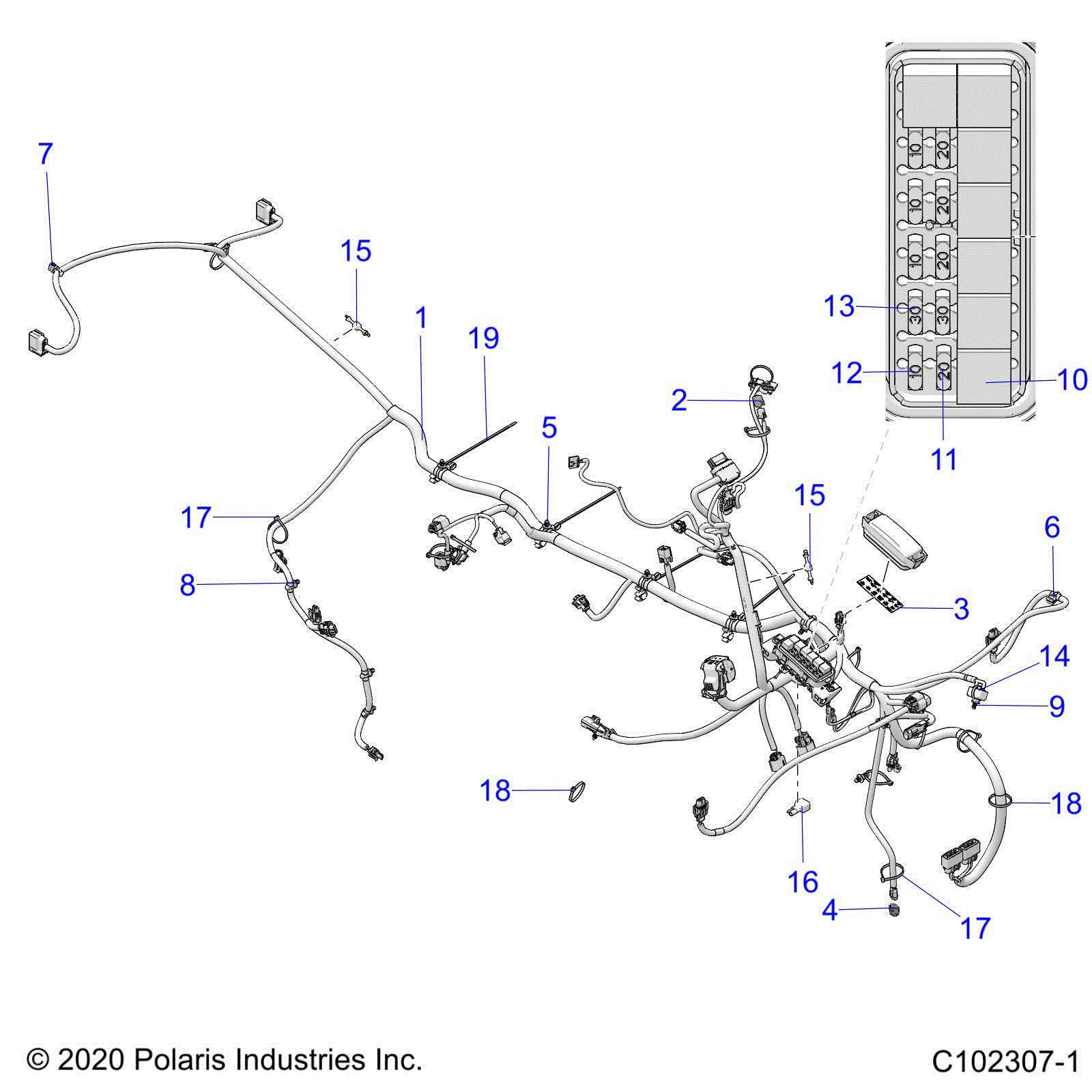 An Image of a Genuine Polaris Parts Schematic Diagram showing the schematic - ELECTRICAL: MAIN WIRE HARNESS - 2023 POLARIS SPORTSMAN TOURING 570