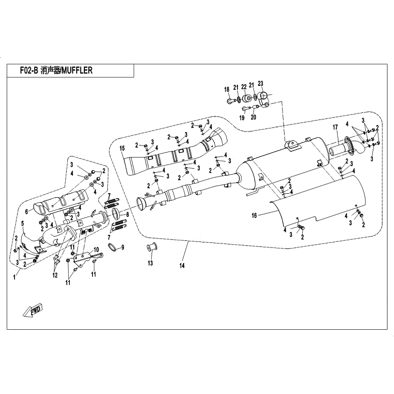 An Image of a genuine CFMOTO Parts Schematic Diagram showing the group - MUFFLER (USA) - 2018 CFMOTO CFORCE 500 S