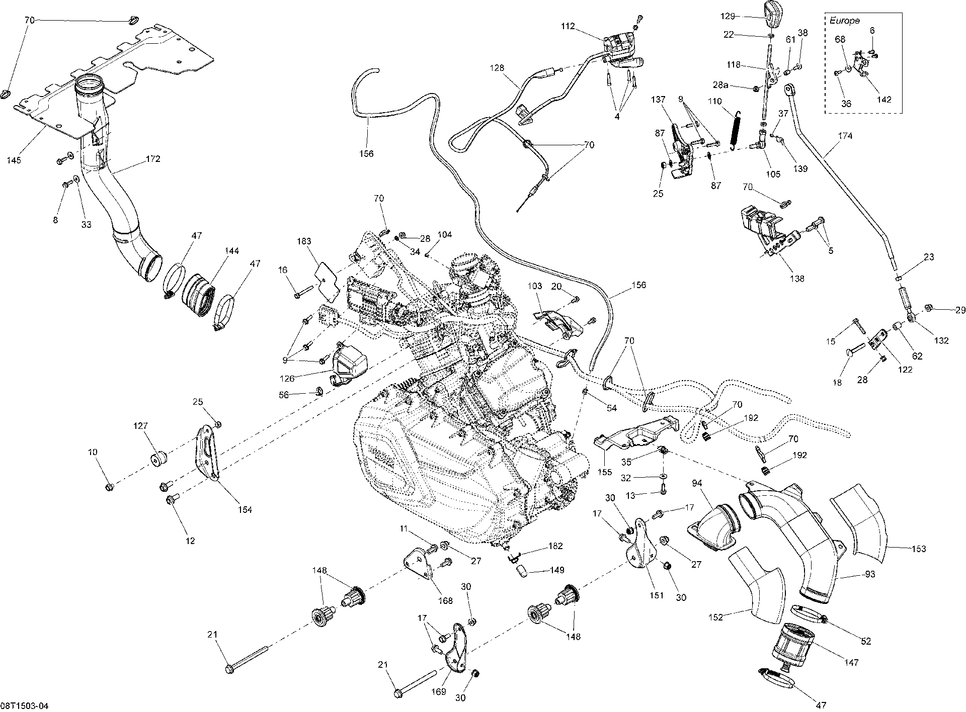 An Image of a Genuine Can-Am Parts Schematic Diagram showing the schematic - ENGINE AND ENGINE SUPPORT _08T1503