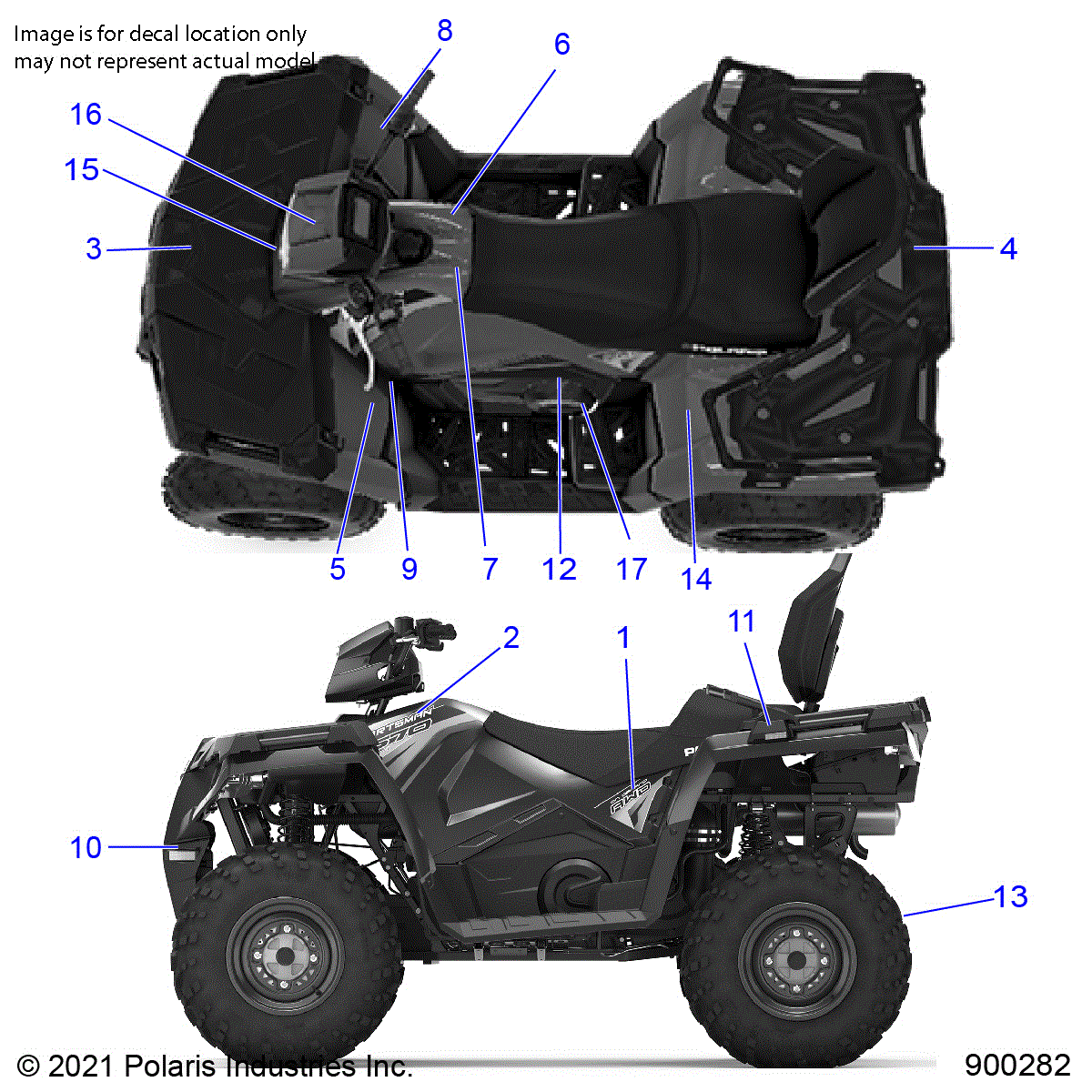 An Image of a Genuine Polaris Parts Schematic Diagram showing the schematic - BODY: DECALS - 2021 POLARIS SPORTSMAN TOURING 570 EPS