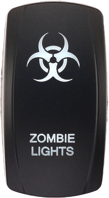 A black rocker switch from XTC Power features a white biohazard symbol above the words ZOMBIE LIGHTS in uppercase letters.