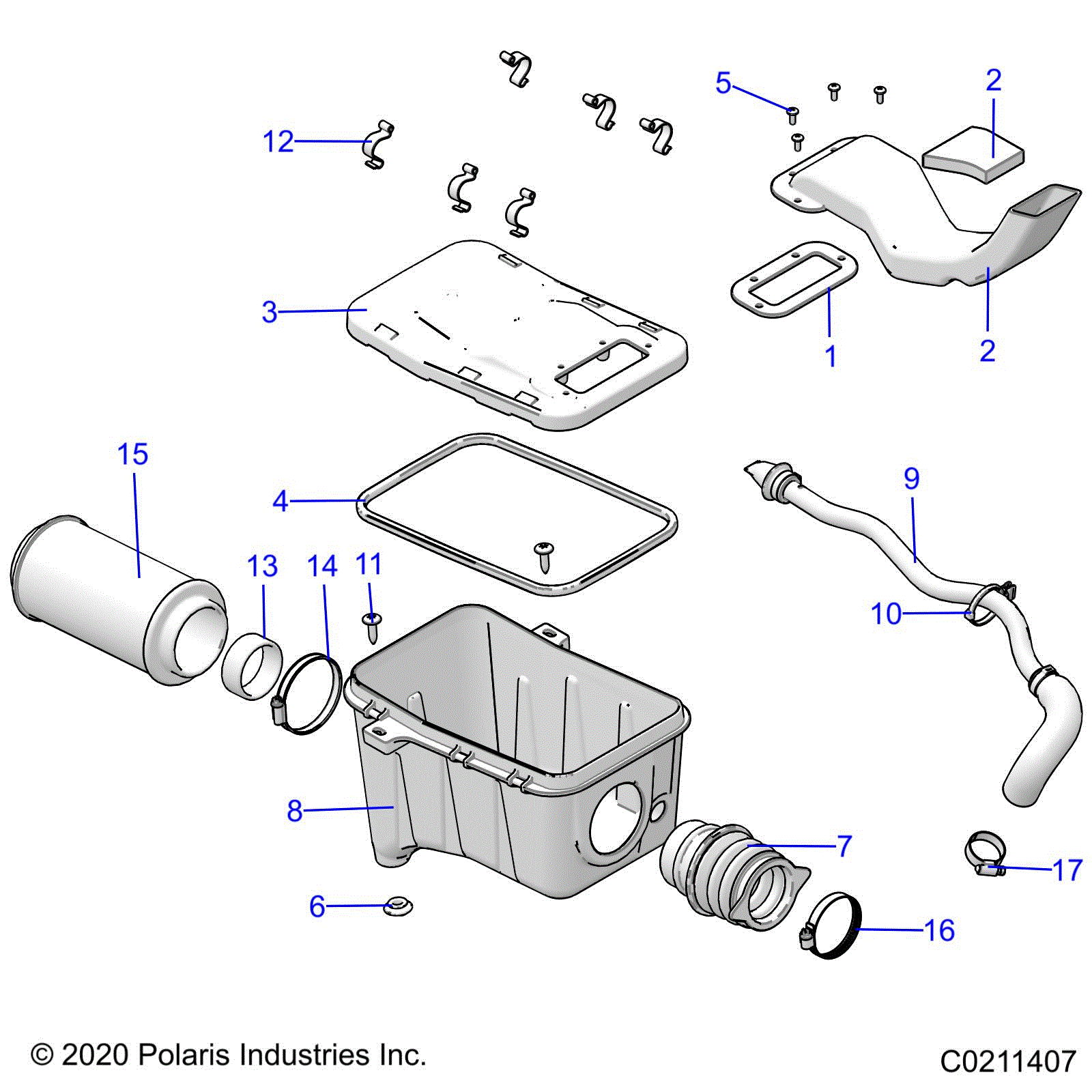 An Image of a Genuine Polaris Parts Schematic Diagram showing the schematic - ENGINE: AIR INTAKE SYSTEM - 2024 POLARIS SPORTSMAN 450 HO EPS 50S