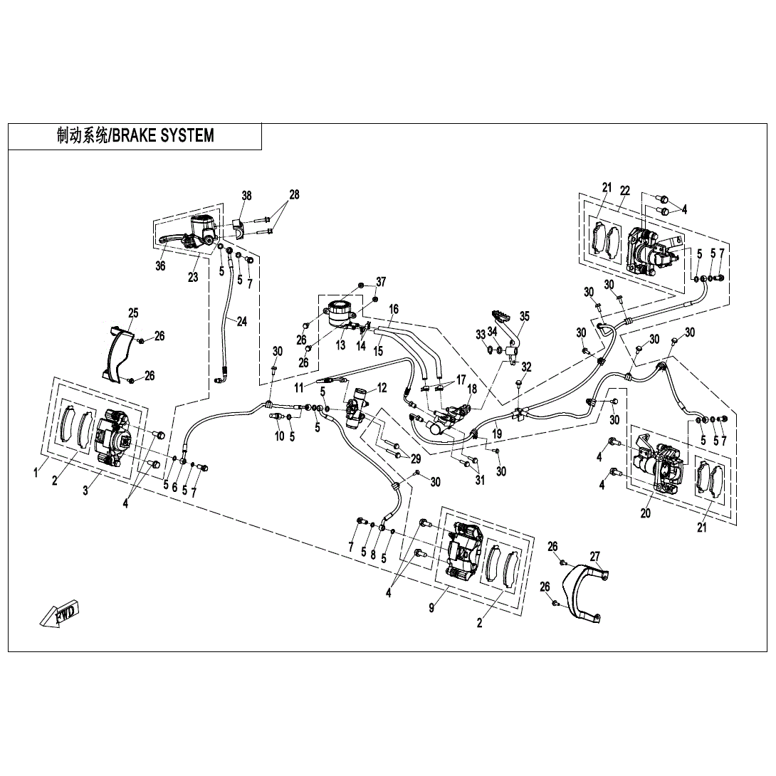 An Image of a genuine CFMOTO Parts Schematic Diagram showing the group - BRAKE SYSTEM - 2024 CFMOTO CFORCE 600 TOURING