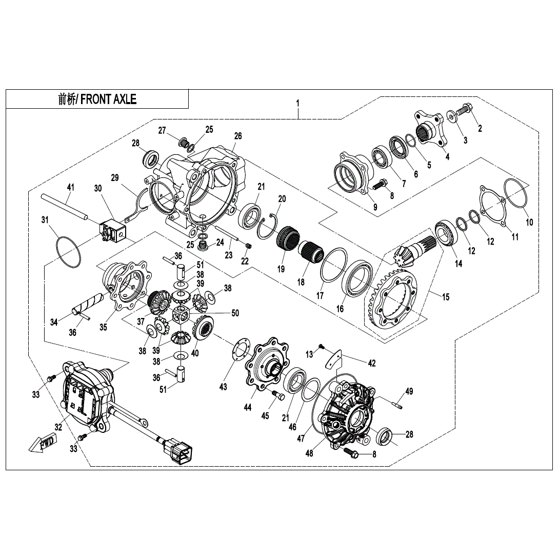An Image of a genuine CFMOTO Parts Schematic Diagram showing the group - FRONT AXLE - 2024 CFMOTO CFORCE 400 S