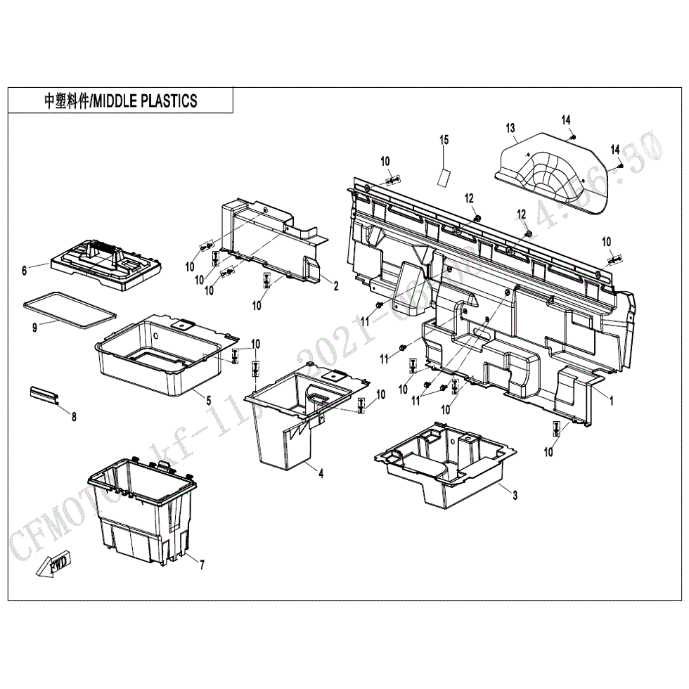 An Image of a Genuine CFMOTO Parts Schematic Diagram showing the schematic - MIDDLE PLASTICS - 2022 CFMOTO UFORCE 1000