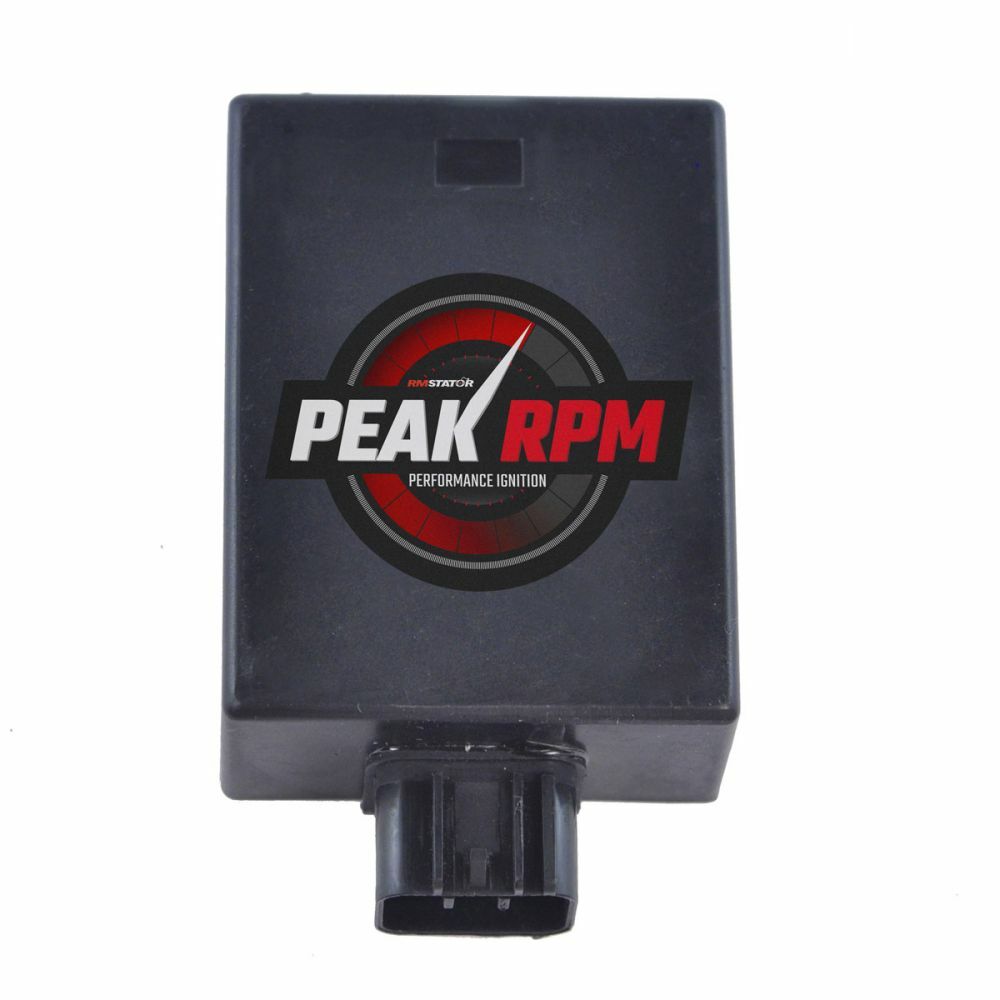 Black rectangular CDI box with a connector port at the bottom and a red and white "PEAK RPM" logo on the front.