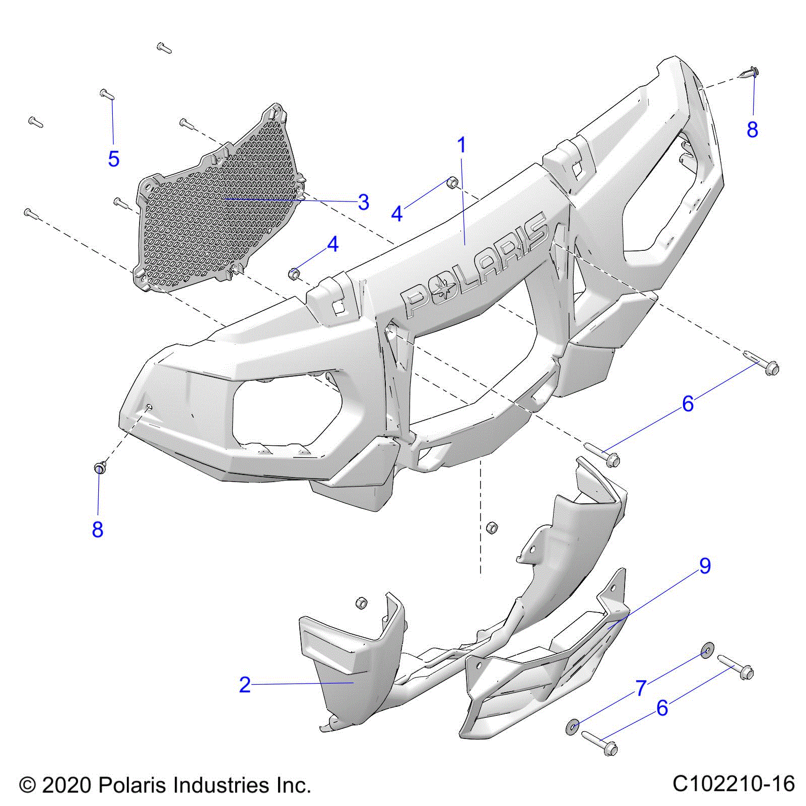 An Image of a Genuine Polaris Parts Schematic Diagram showing the schematic - BODY: FRONT BUMPER and MOUNTING - 2026 POLARIS SPORTSMAN TOURING 850 48"