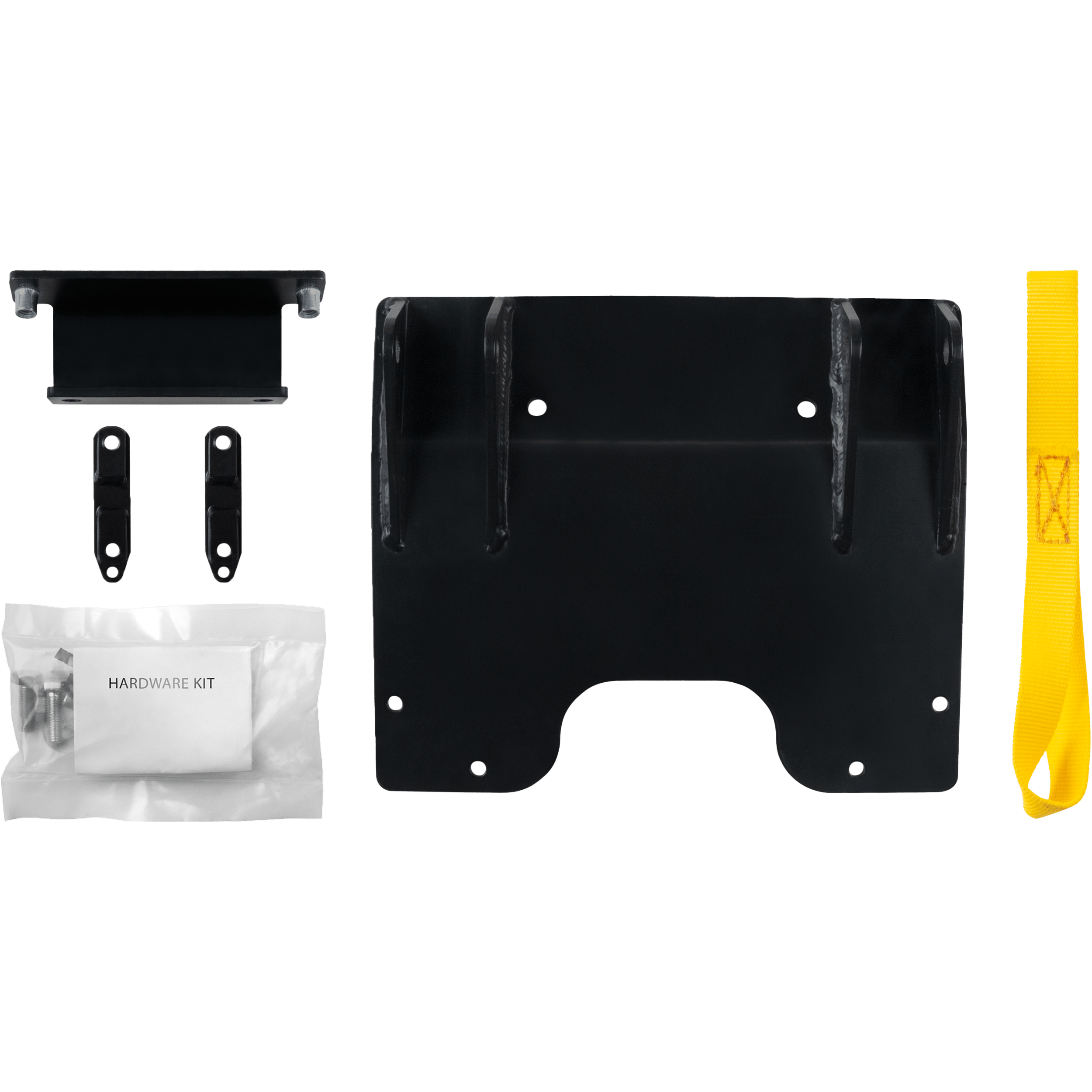 The UTV Plow Mount by Open Trail, including a black mounting bracket with hardware kit, two small black metal pieces, a rectangular black component, and a yellow strap, is arranged on a white background.