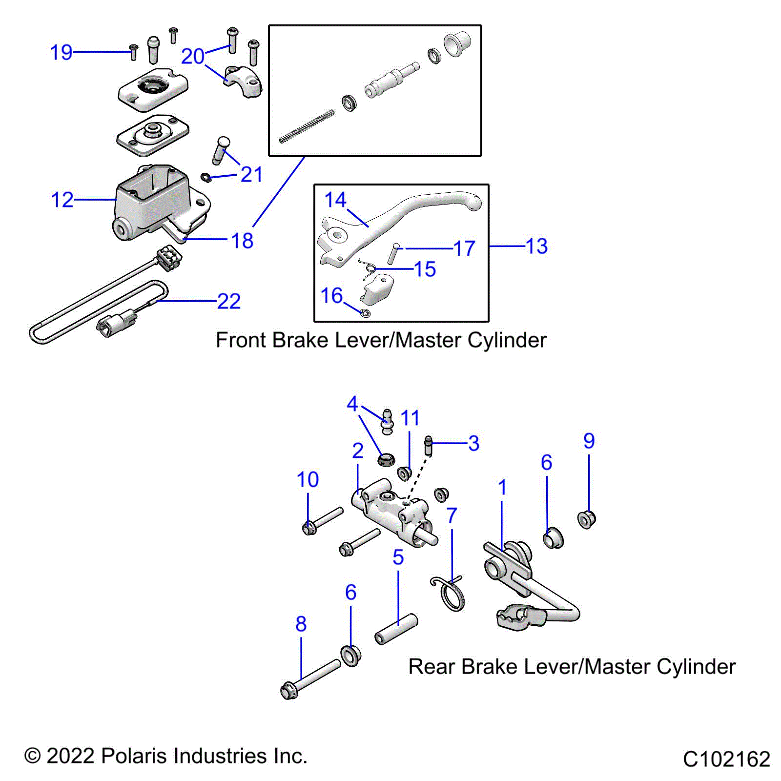 An Image of a Genuine Polaris Parts Schematic Diagram showing the schematic - BRAKES: BRAKE LEVERS and MASTER CYLINDERS - 2022 POLARIS OUTLAW 70