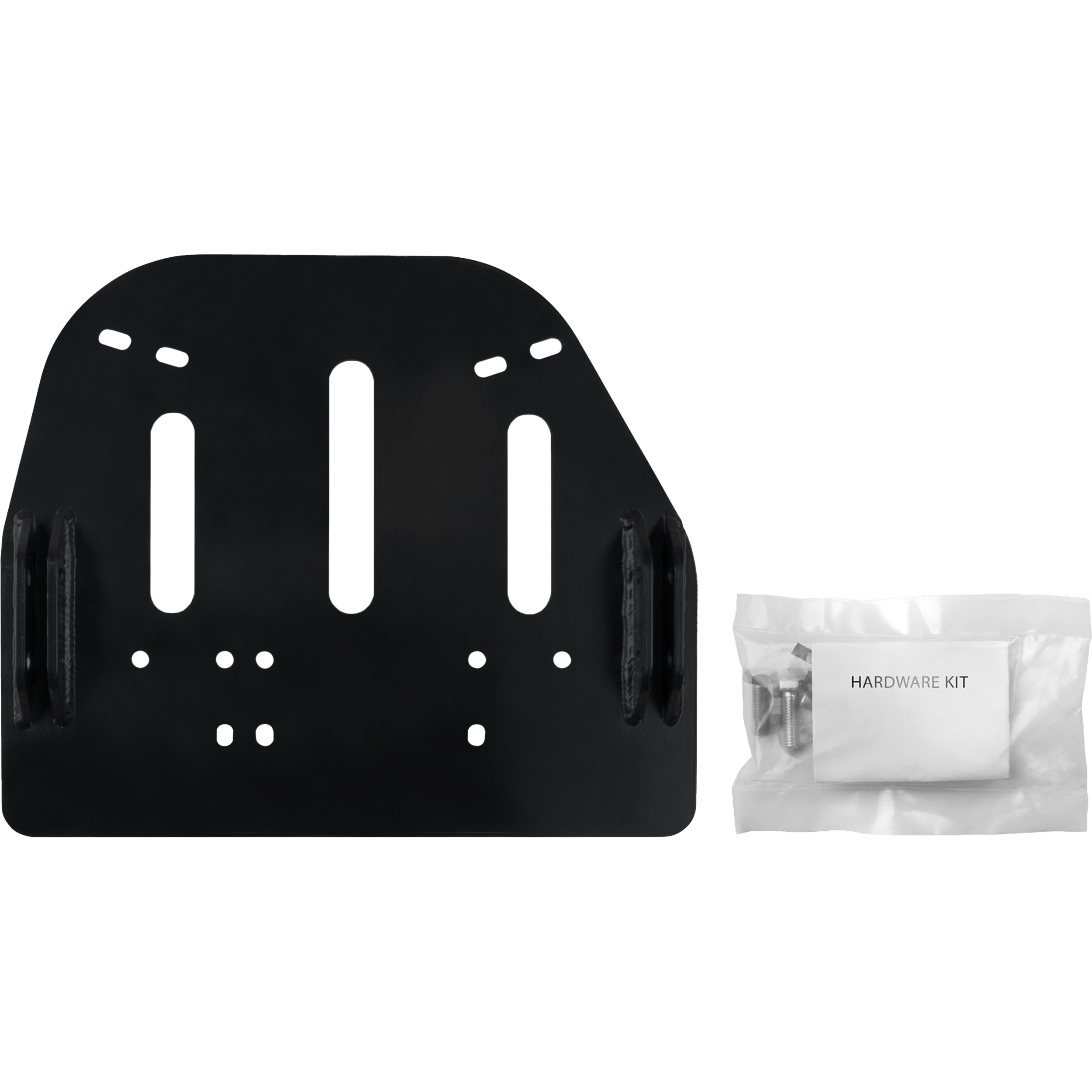 The ATV Plow Mount by Open Trail is displayed as a black metal backplate with multiple slots and holes, alongside a sealed hardware kit containing screws and mounting hardware.