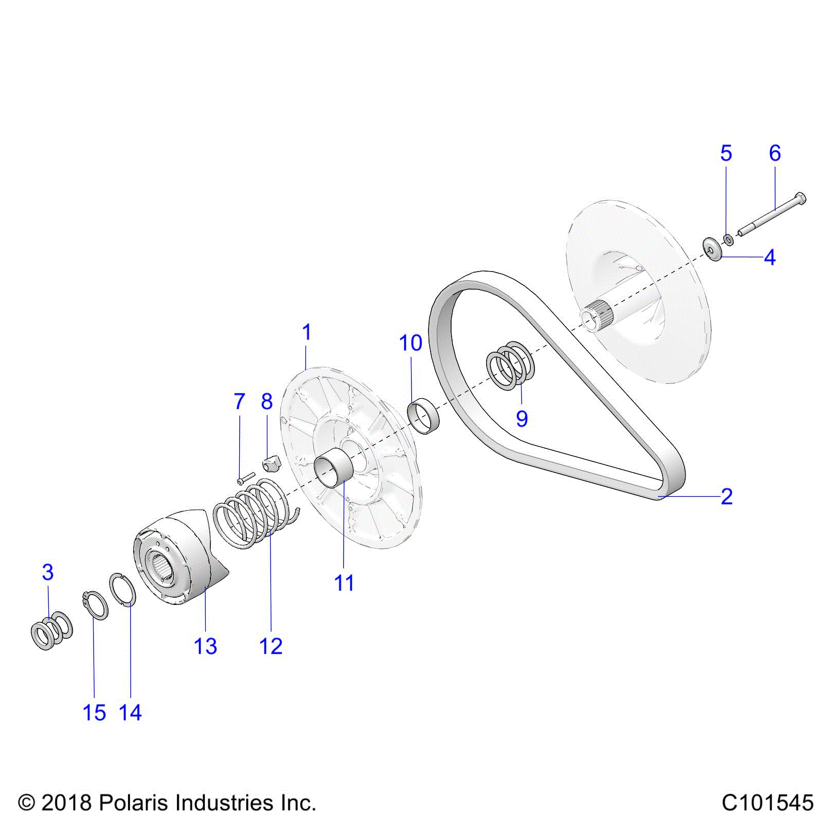 An Image of a Genuine Polaris Parts Schematic Diagram showing the schematic - DRIVE TRAIN: SECONDARY CLUTCH - 2021 POLARIS SPORTSMAN TOURING 570