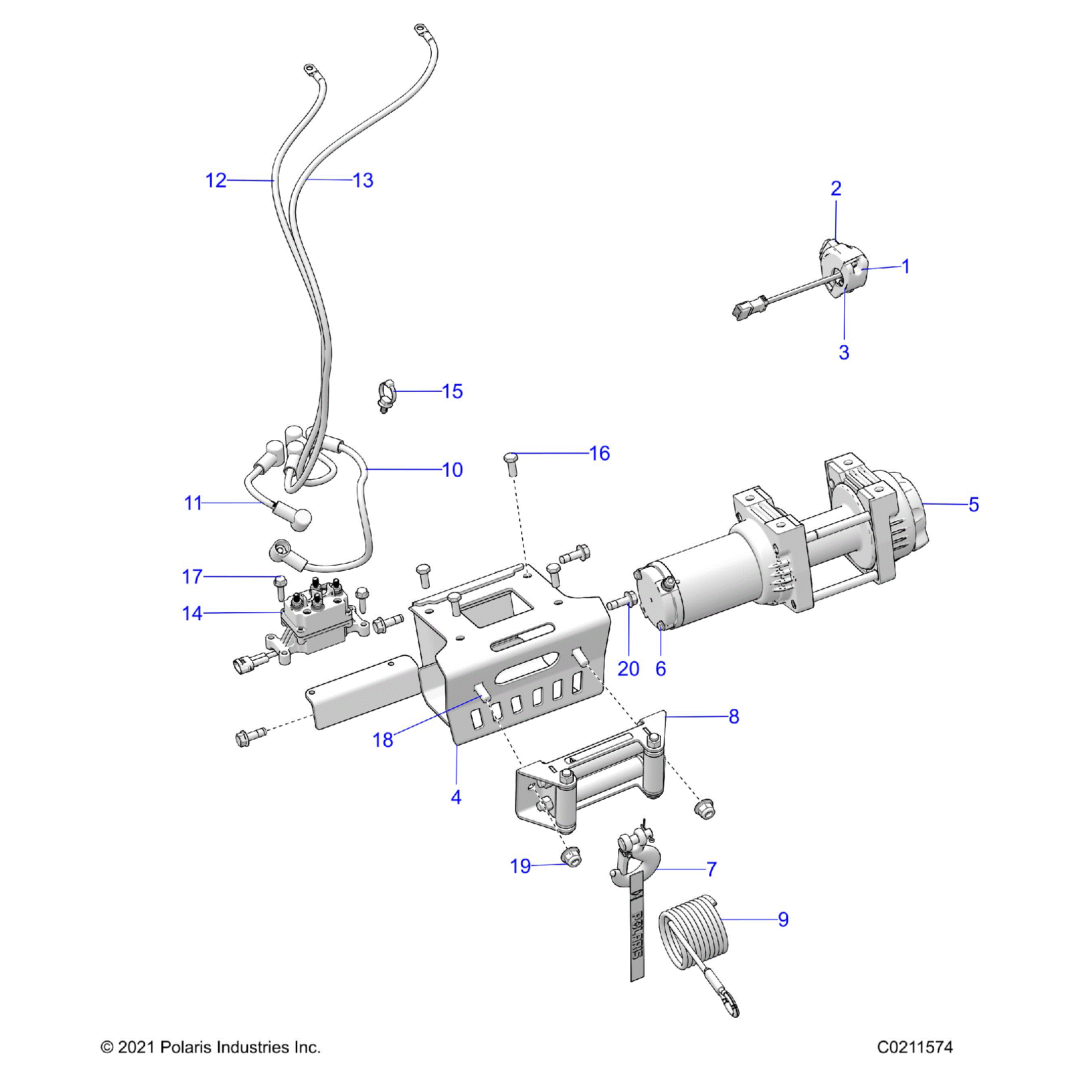 An Image of a Genuine Polaris Parts Schematic Diagram showing the schematic - CHASSIS: WINCH - 2025 POLARIS SPORTSMAN 850 EPS ULTIMATE TRAIL 49 48"