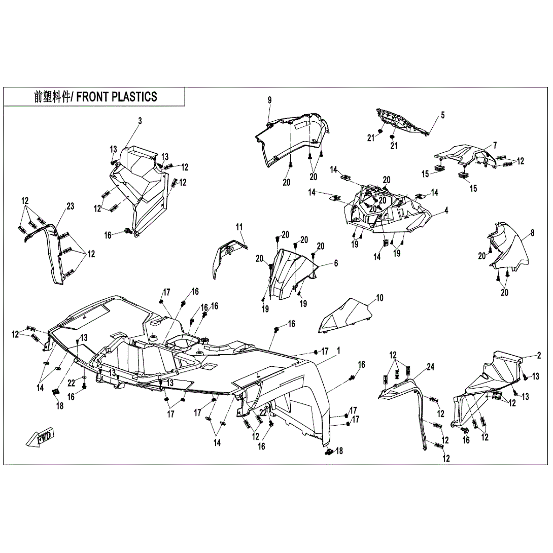 An Image of a genuine CFMOTO Parts Schematic Diagram showing the group - FRONT PLASTICS-TITANIUM GRAY - 2020 CFMOTO CFORCE 800 XC