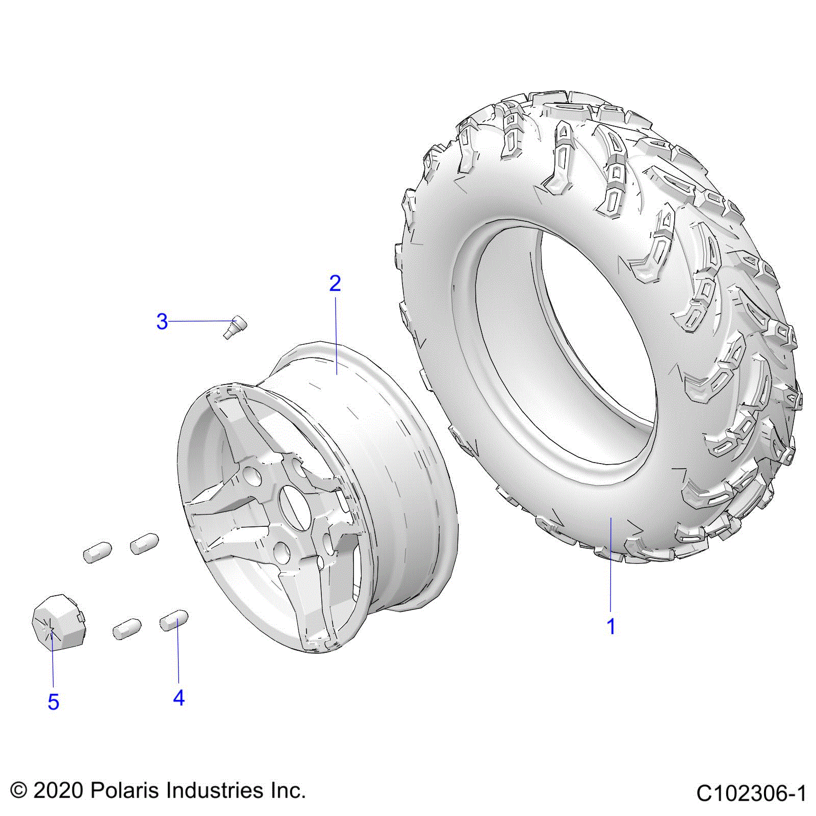 An Image of a Genuine Polaris Parts Schematic Diagram showing the schematic - WHEELS: FRONT TIRE - 2021 POLARIS SPORTSMAN TOURING 570 PREMIUM