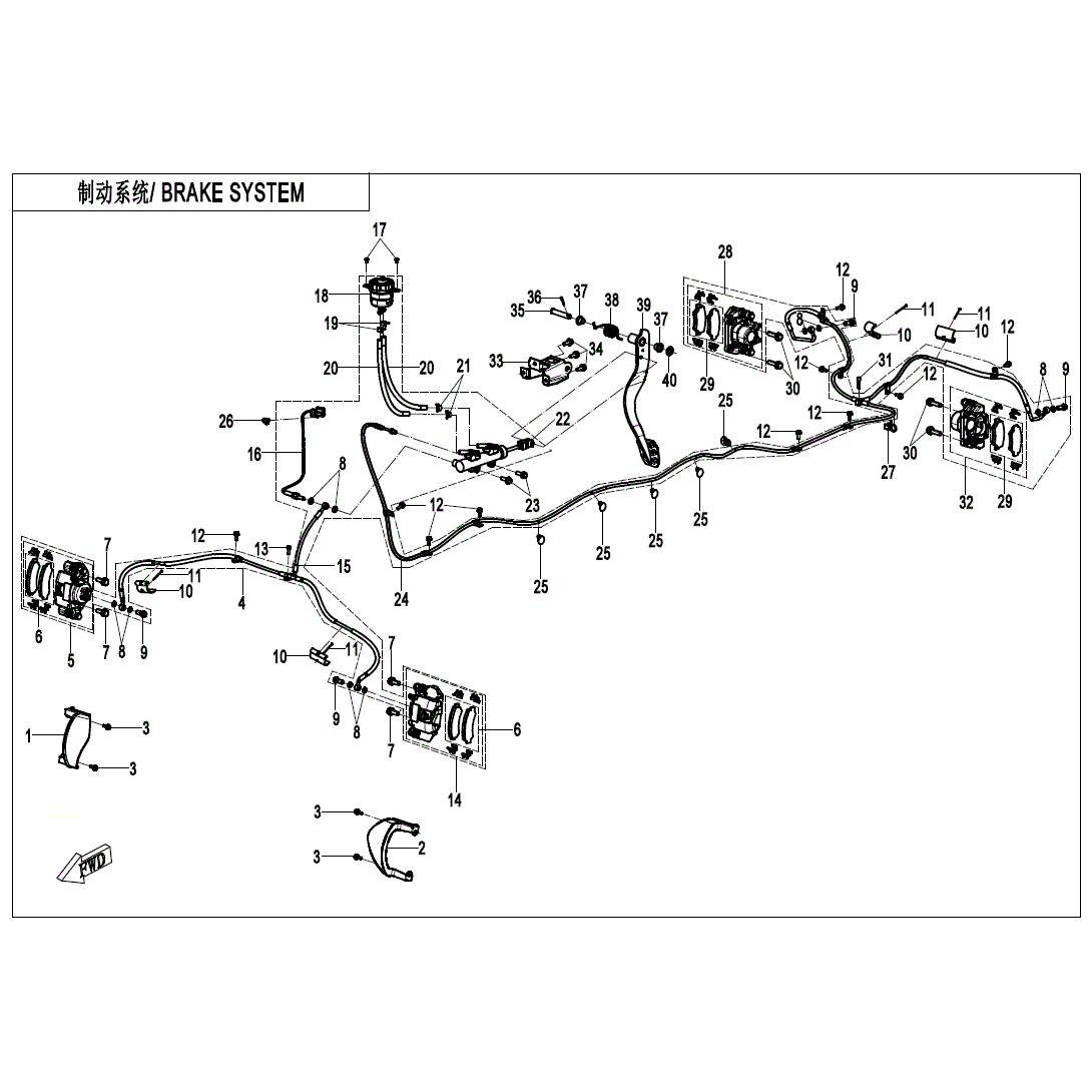 An Image of a Genuine CFMOTO Parts Schematic Diagram showing the schematic - BRAKE SYSTEM - 2023 CFMOTO ZFORCE 950 Sport