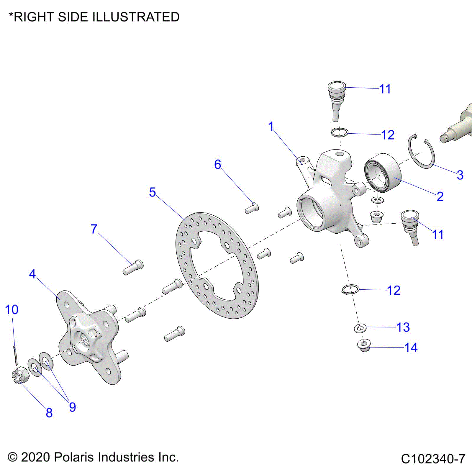 An Image of a Genuine Polaris Parts Schematic Diagram showing the schematic - SUSPENSION: FRONT HUB KNUCKLE and BRAKE DISC - 2020 POLARIS SCRAMBLER XP 1000 55"