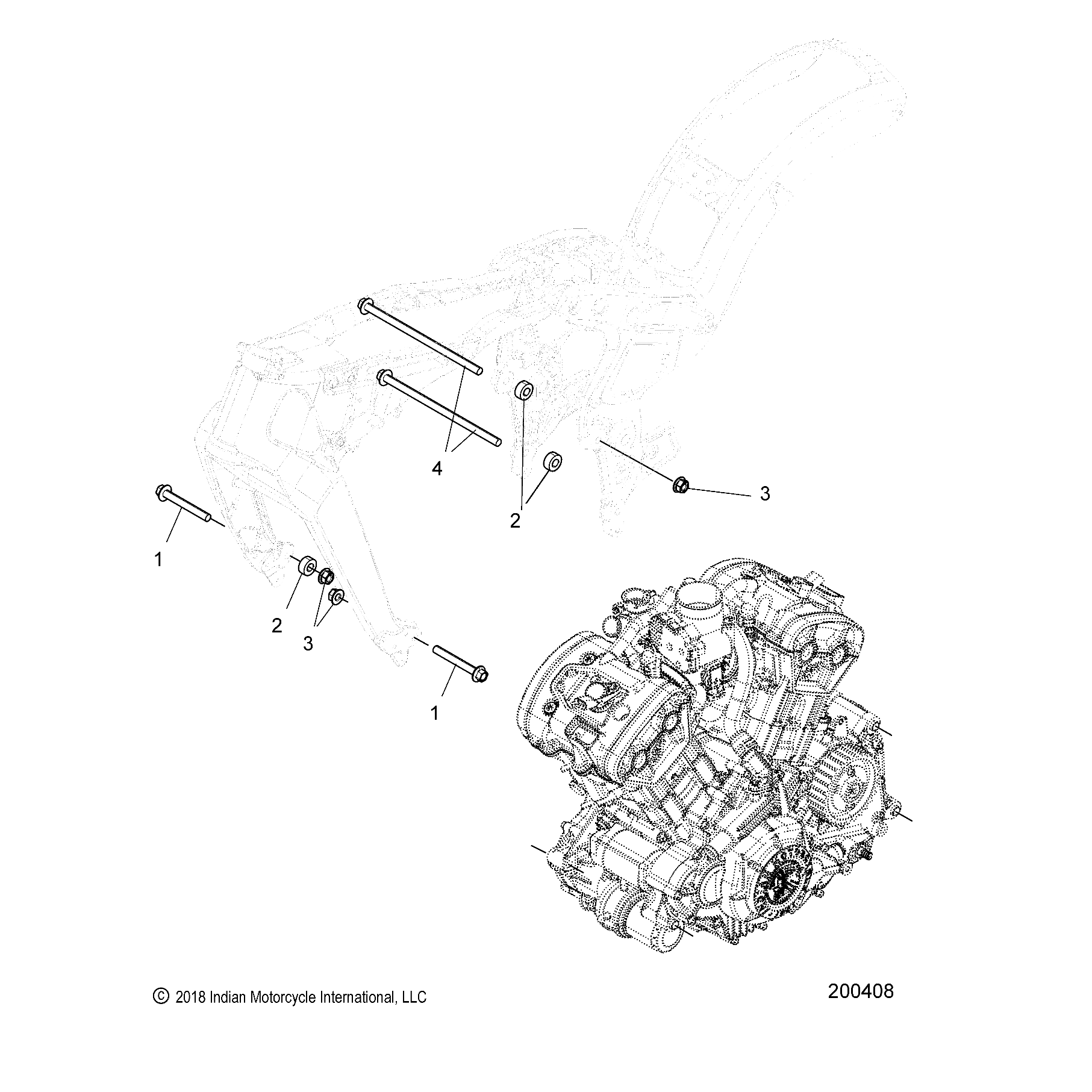 Line drawing of a motorcycle frame and engine assembly with numbered parts and bolts, showing engine mounting to the frame using a Spacer by Polaris. Manufacturer copyright: Indian Motorcycle International, LLC.