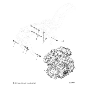 Line drawing of a motorcycle frame and engine assembly with numbered parts and bolts, showing engine mounting to the frame using a Spacer by Polaris. Manufacturer copyright: Indian Motorcycle International, LLC.