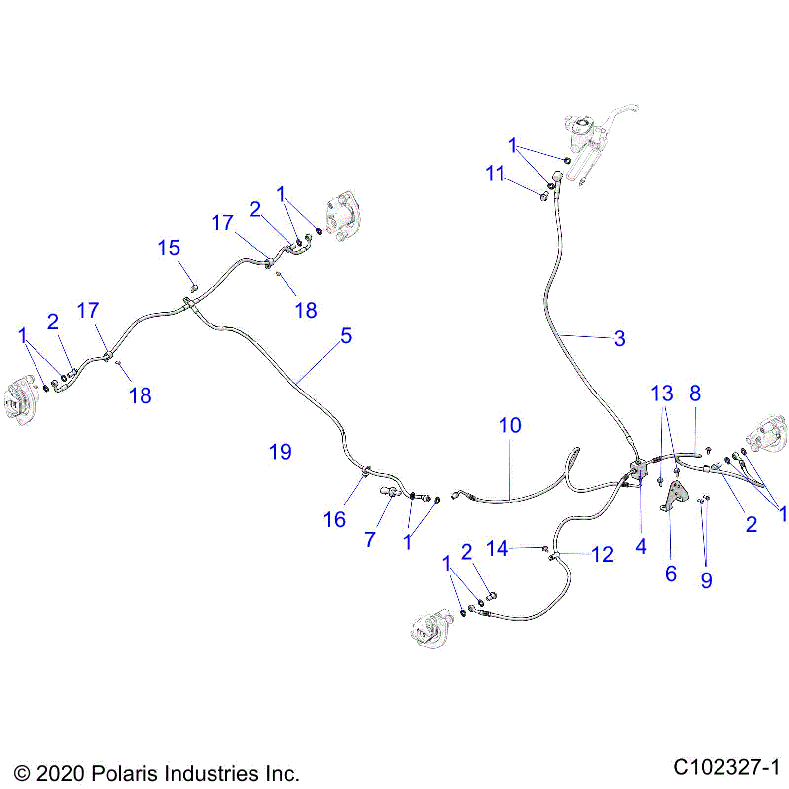 An Image of a Genuine Polaris Parts Schematic Diagram showing the schematic - BRAKES: BRAKE LINES - 2022 POLARIS SPORTSMAN TOURING XP 1000 48"