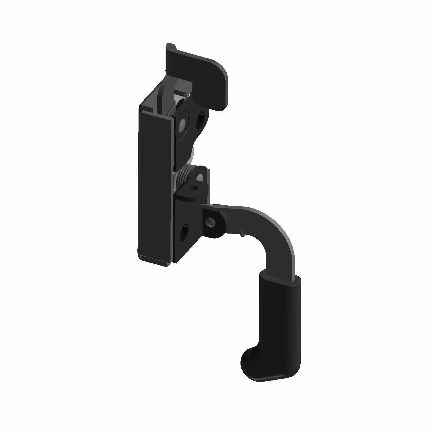 Black metal right door latch with curved handle and mounting bracket for UTV door.
