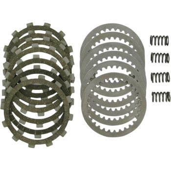 A Clutch Kit by Dp Brakes for off-road and dual-sport bikes is displayed on a white background: high-heat friction plates to the left, steel plates in the center, and five springs positioned on the right.