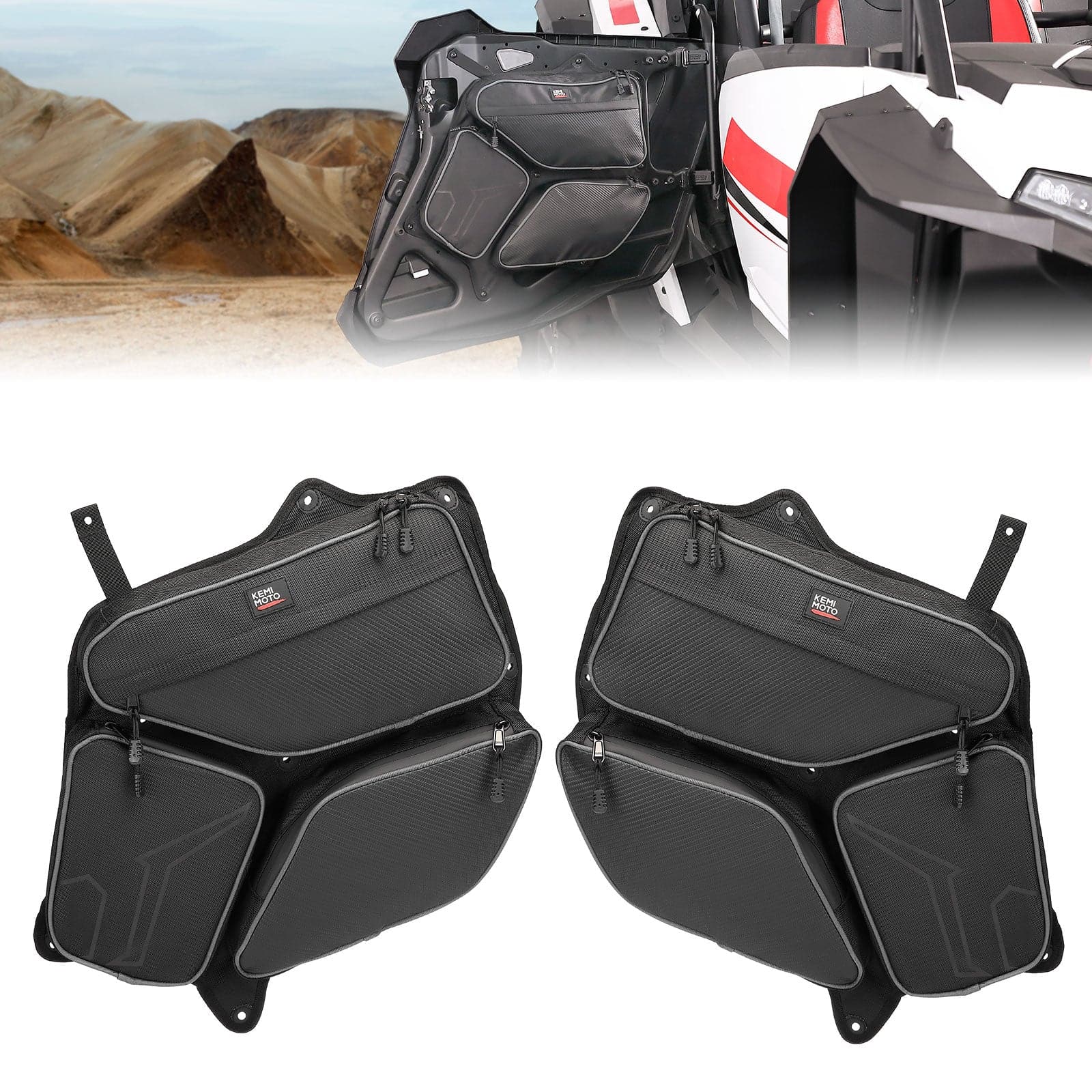 A pair of Polaris RZR XP 4 1000 Rear Door Bags by Kemimoto, in black and water-resistant, are shown installed on a vehicle door and separately against a rocky desert landscape with mountains under a cloudy sky.