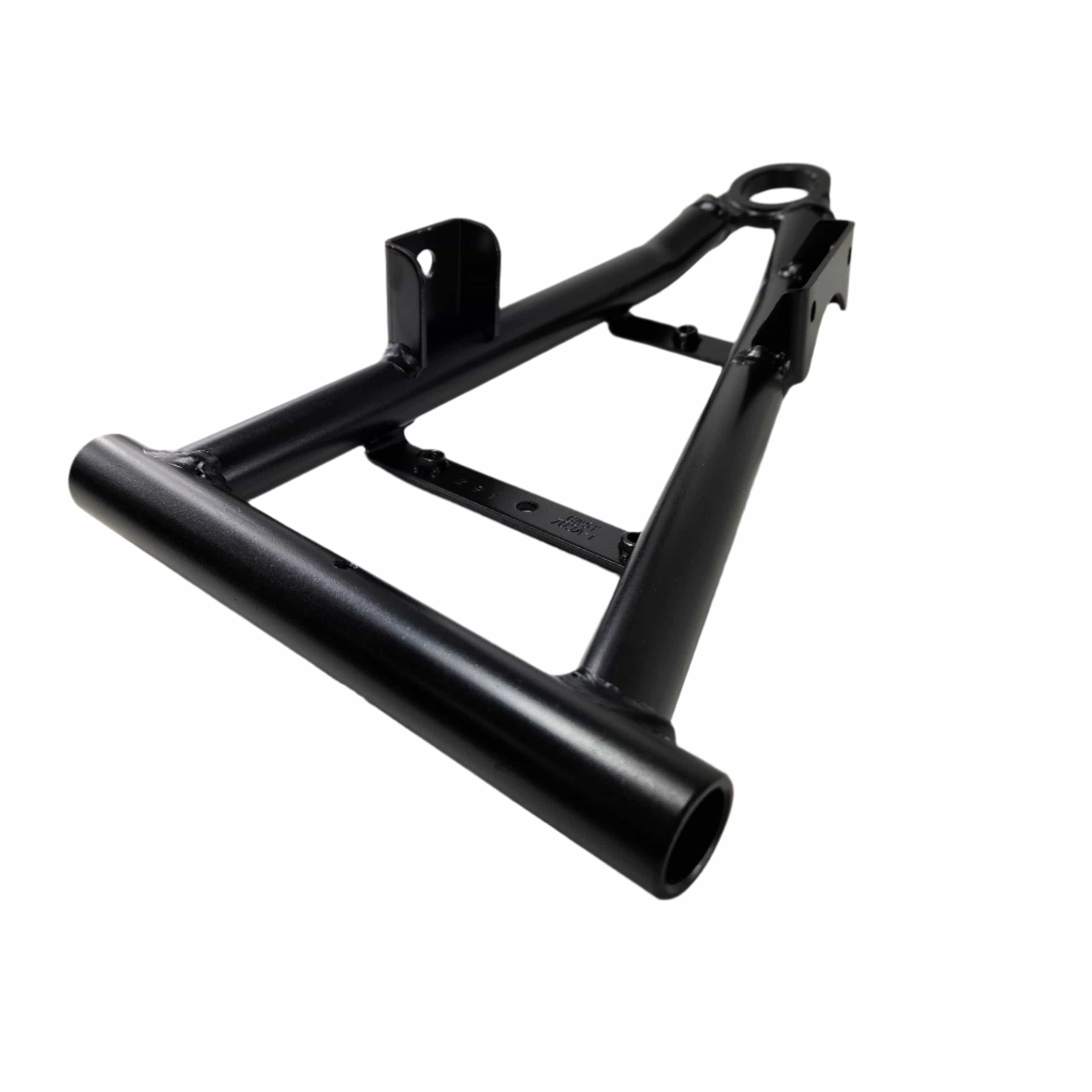 Matte black metal front swing arm with tubular frame and mounting brackets, left lower side.