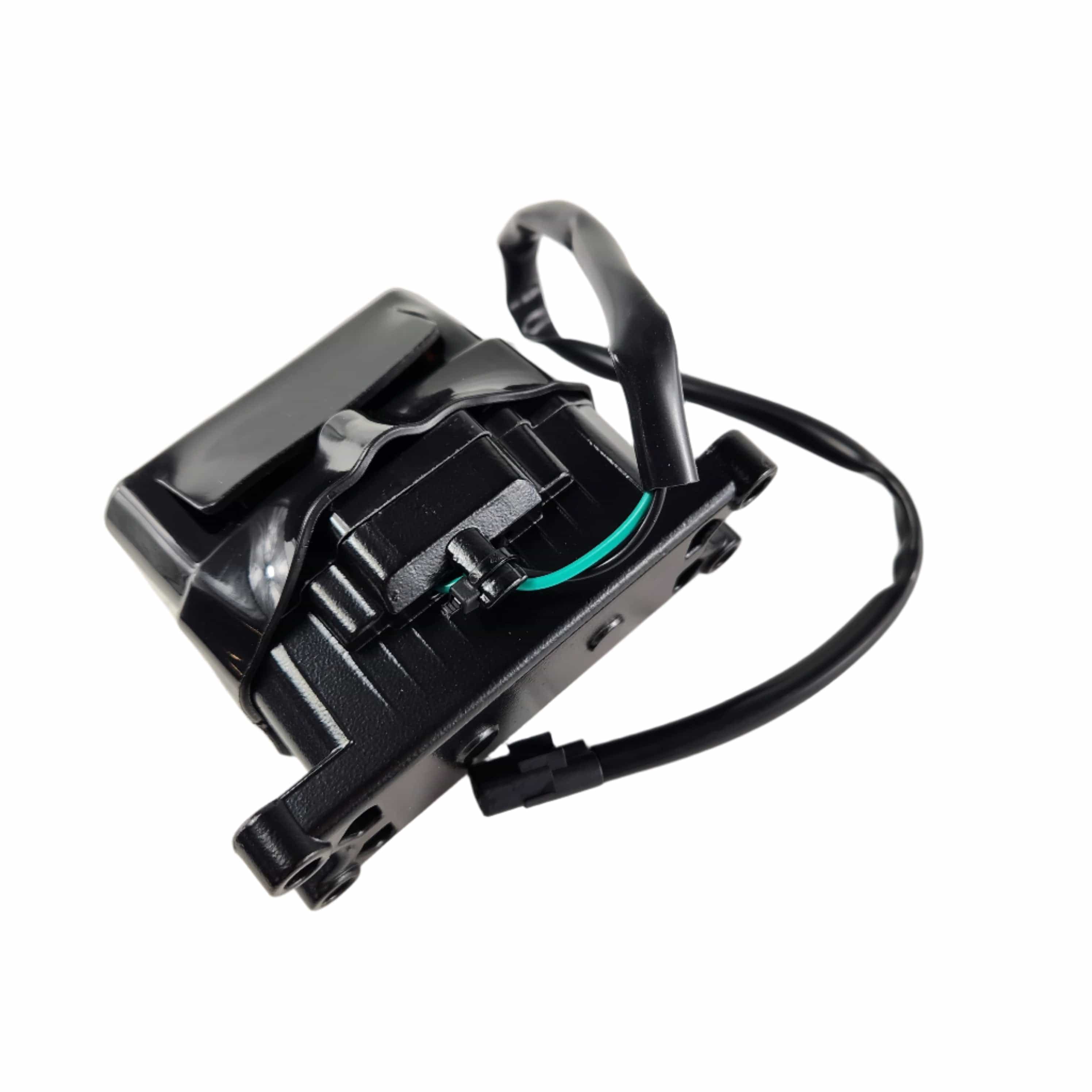 A close-up of a black Winch Control Relay by CF Moto, featuring a wire and connector, isolated on a white background.