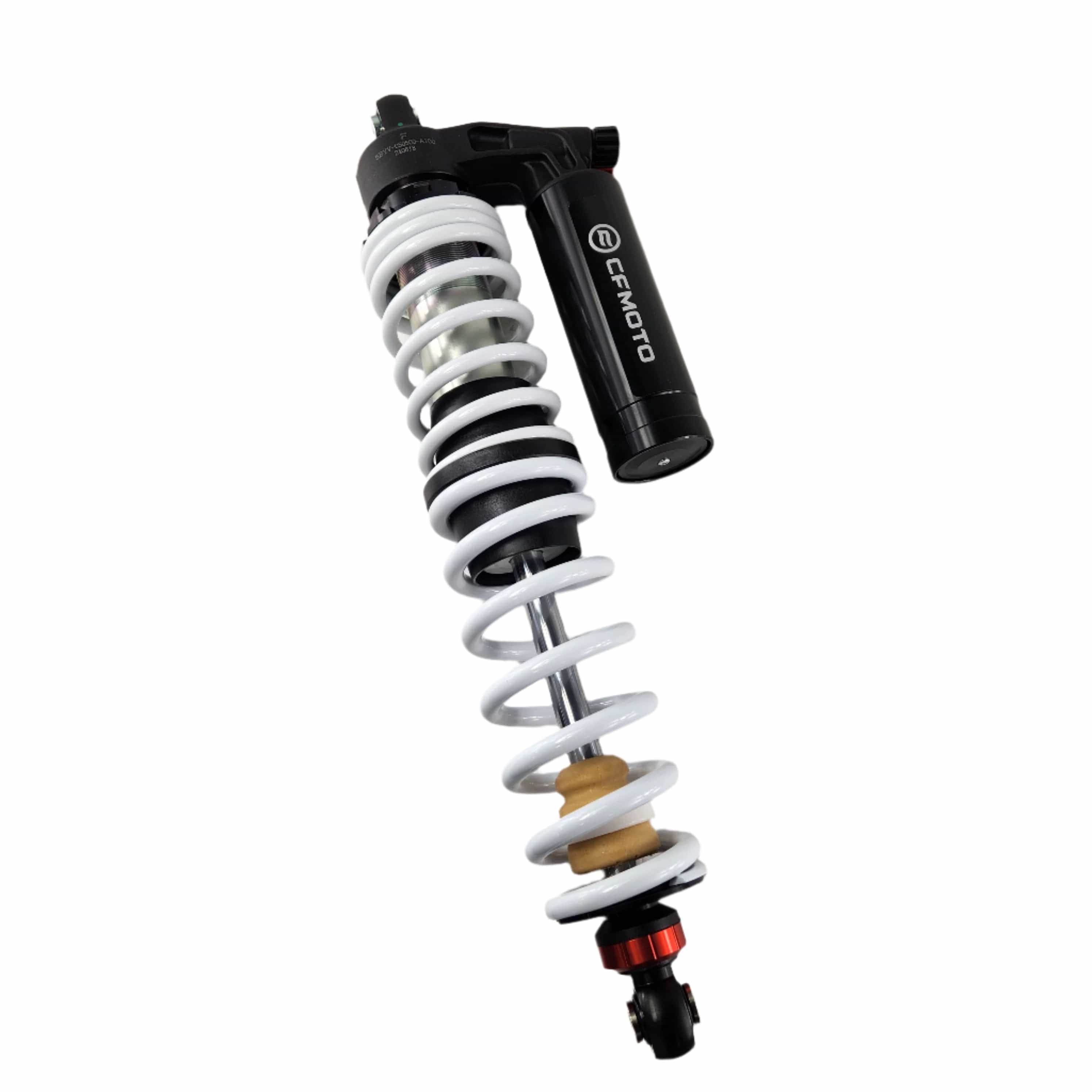 The Front Shock Absorber by CF Moto features a white coiled spring, silver shaft, and black cylinder marked “CFMOTO,” designed for CF-Moto UTVs and shown against a white background.