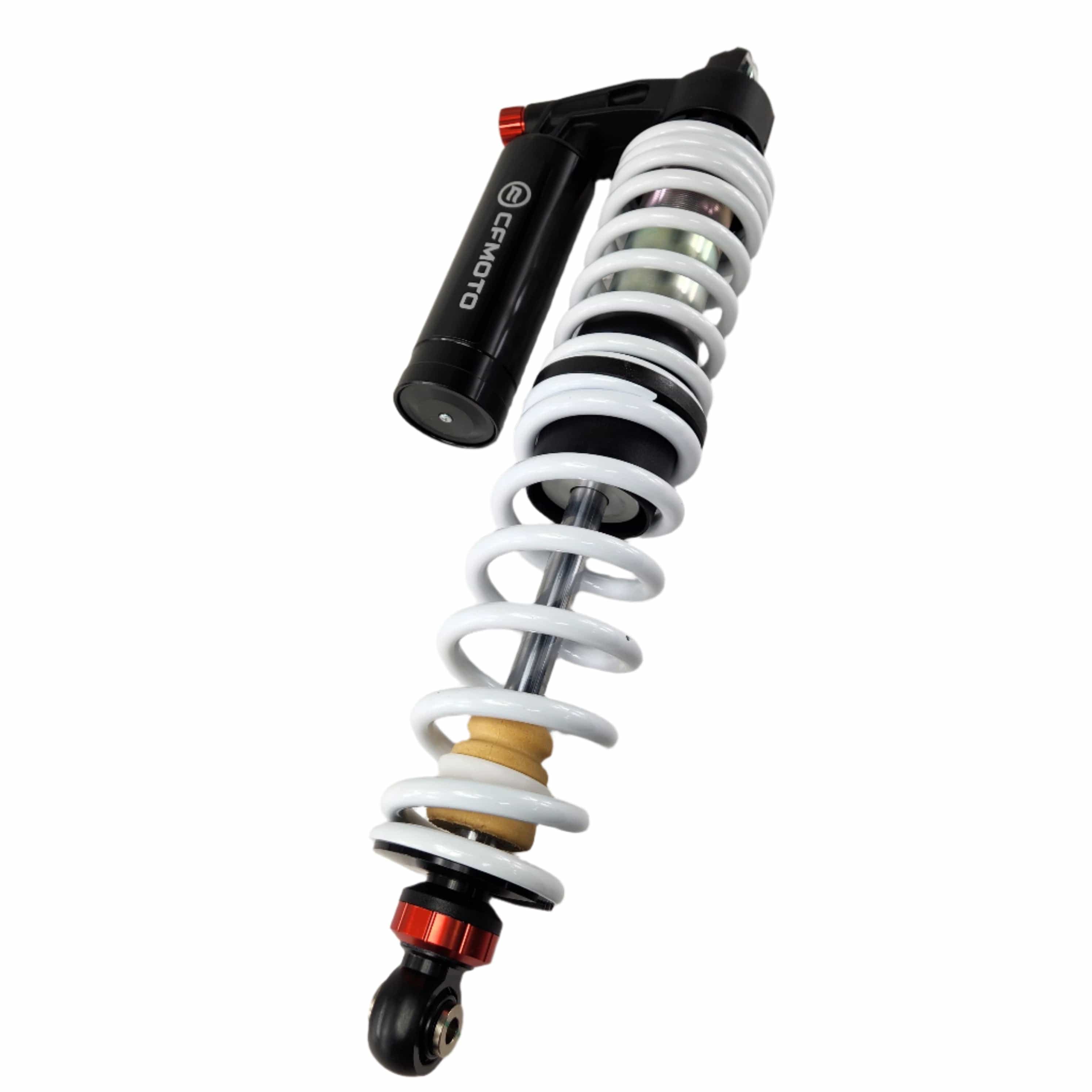 A close-up of the Front Shock Absorber by CF Moto with a white coil spring, black body, and red adjustment knob. This OEM part is shown isolated on a white background.