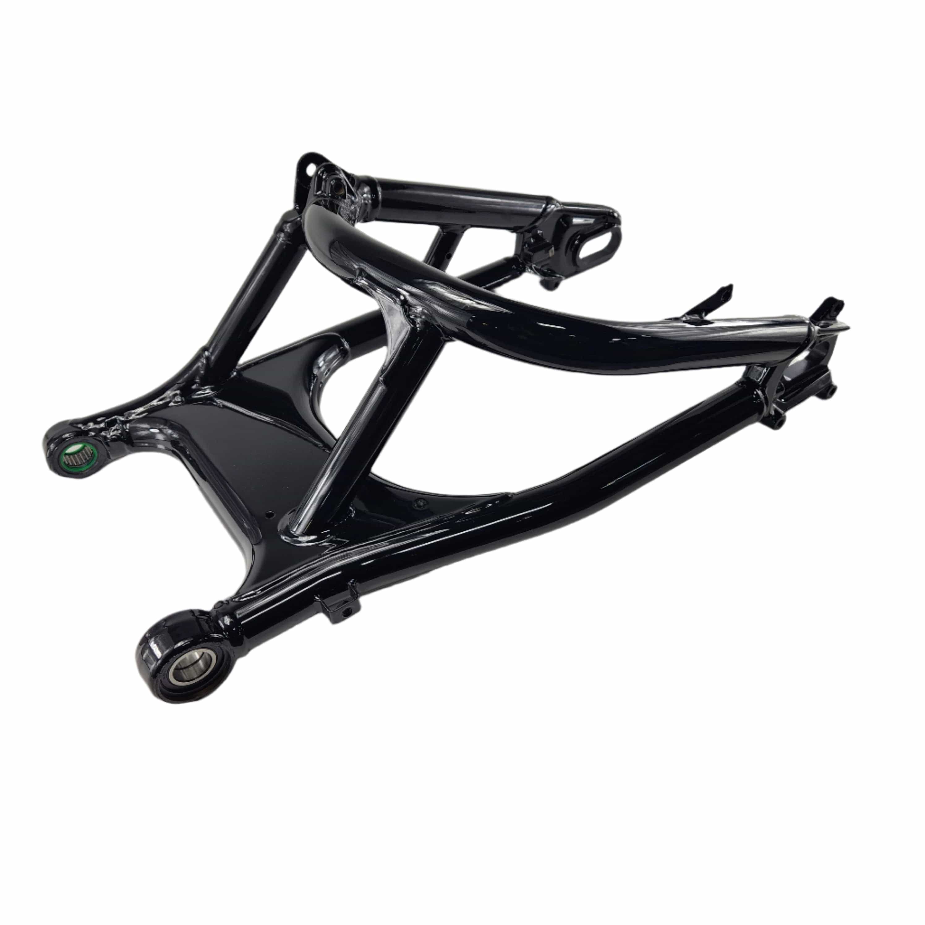 The Asm-Swingarm Steel Black by Polaris is a glossy black metal swingarm with two mounting points and a curved, angular design, shown on a white background—perfect for Polaris motorcycle applications.
