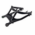 The Asm-Swingarm Steel Black by Polaris is a glossy black metal swingarm with two mounting points and a curved, angular design, shown on a white background—perfect for Polaris motorcycle applications.