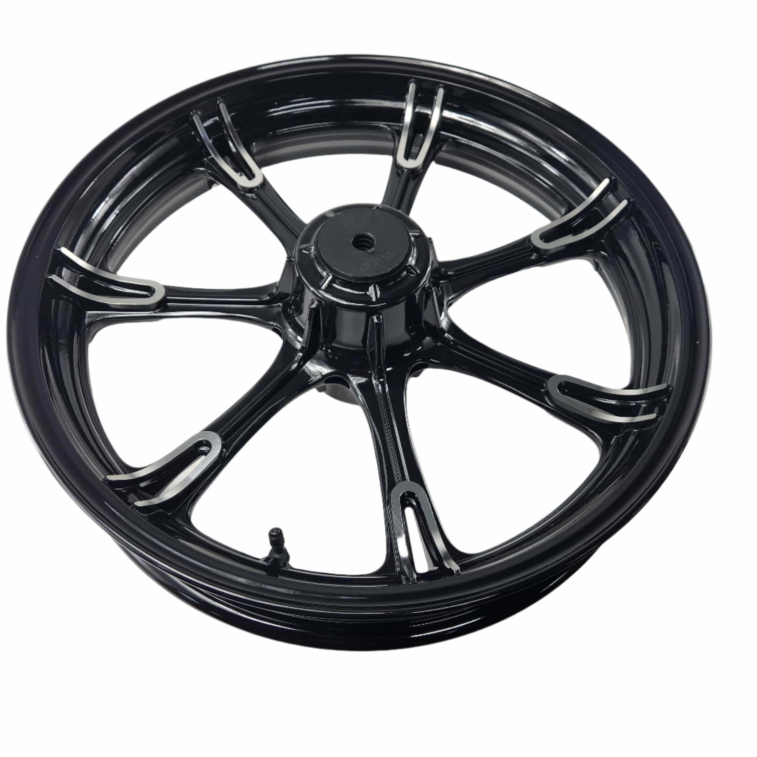 The Asm-Wheel 19X3.5 Cast Front Black M by Polaris is a black, glossy six-spoke motorcycle rim—ideal for Indian motorcycle owners looking for high-quality, genuine Polaris parts.