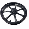 The Asm-Wheel 19X3.5 Cast Front Black M by Polaris is a black, glossy six-spoke motorcycle rim—ideal for Indian motorcycle owners looking for high-quality, genuine Polaris parts.