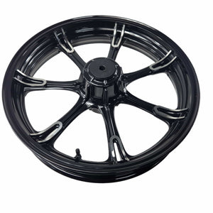 The Asm-Wheel 19X3.5 Cast Front Black M by Polaris is a black, glossy six-spoke motorcycle rim—ideal for Indian motorcycle owners looking for high-quality, genuine Polaris parts.
